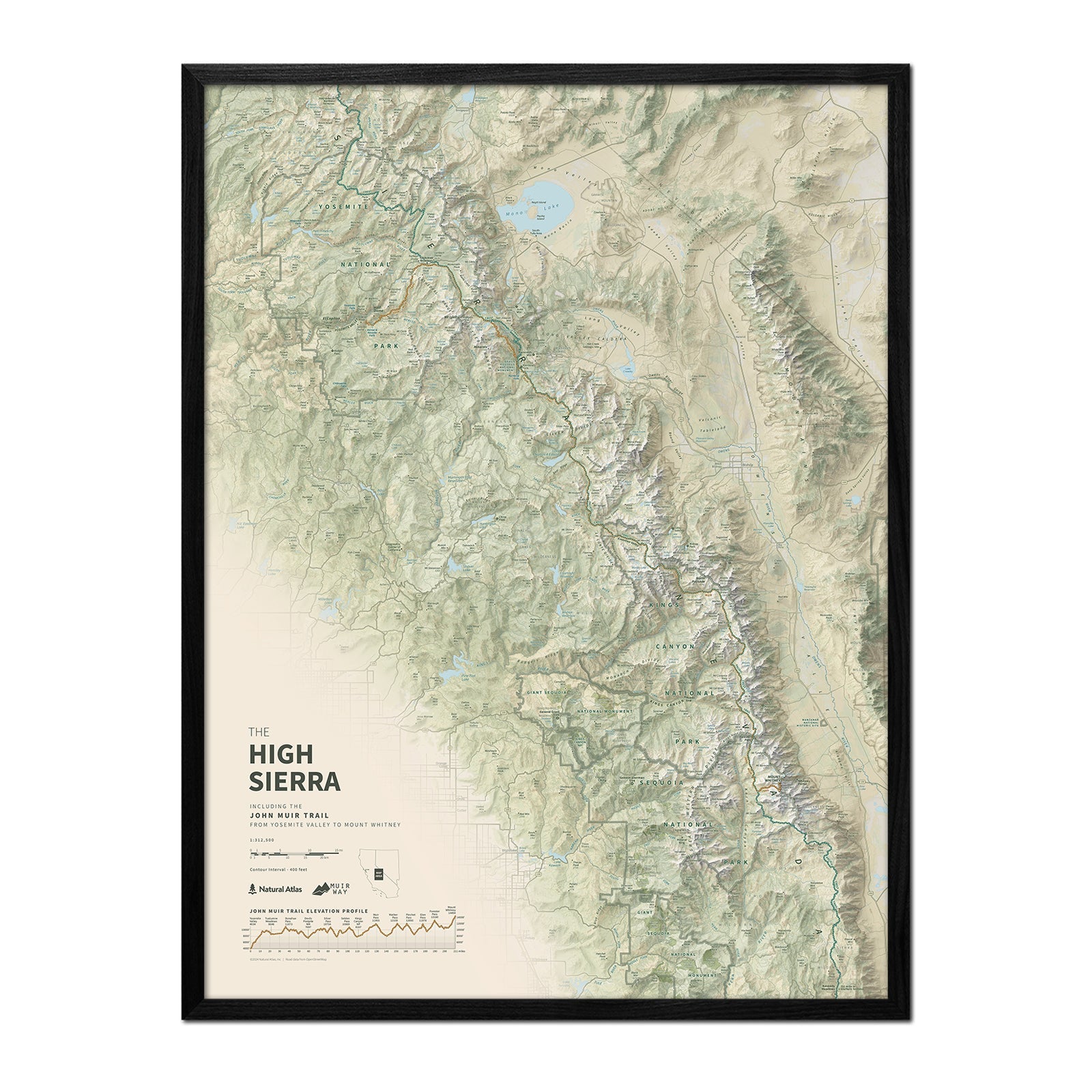 The John Muir Trail Shaded Relief Map - No Frame