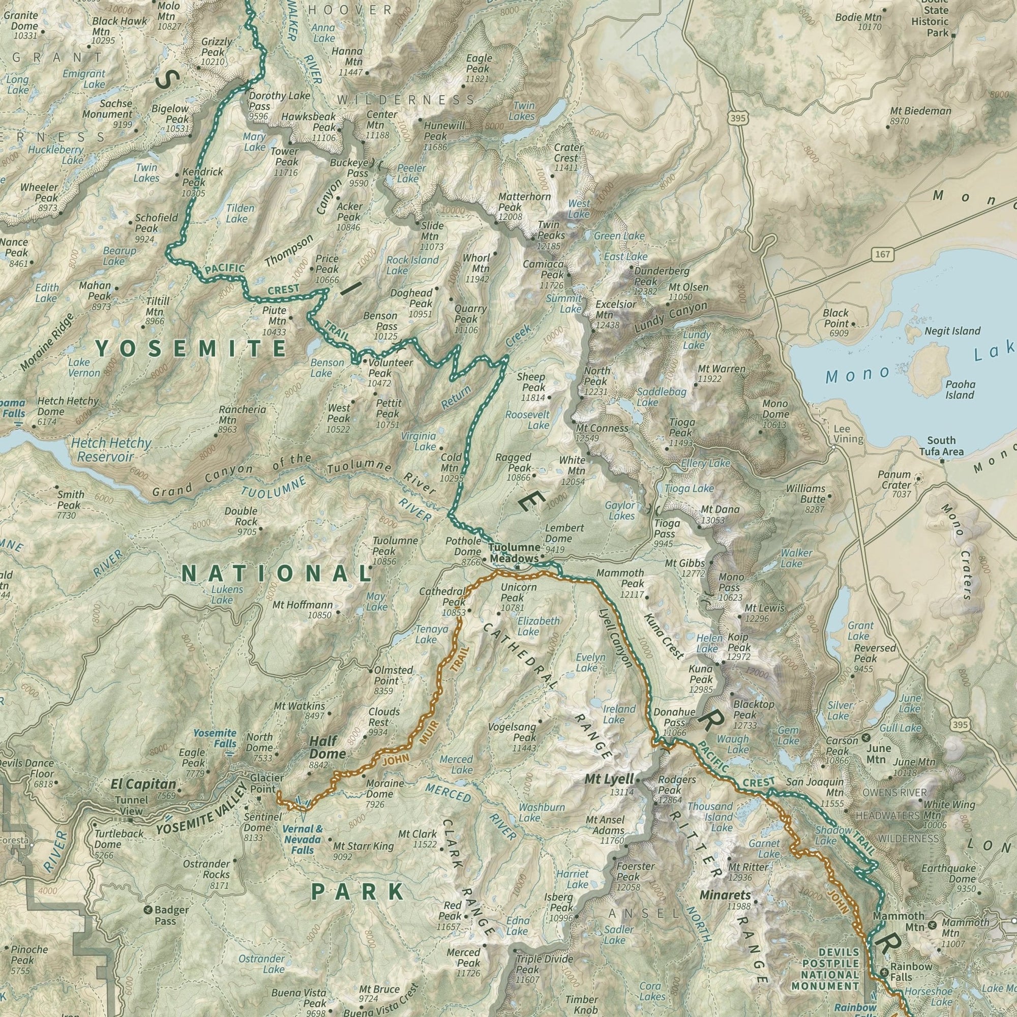 The John Muir Trail Shaded Relief Map - No Frame