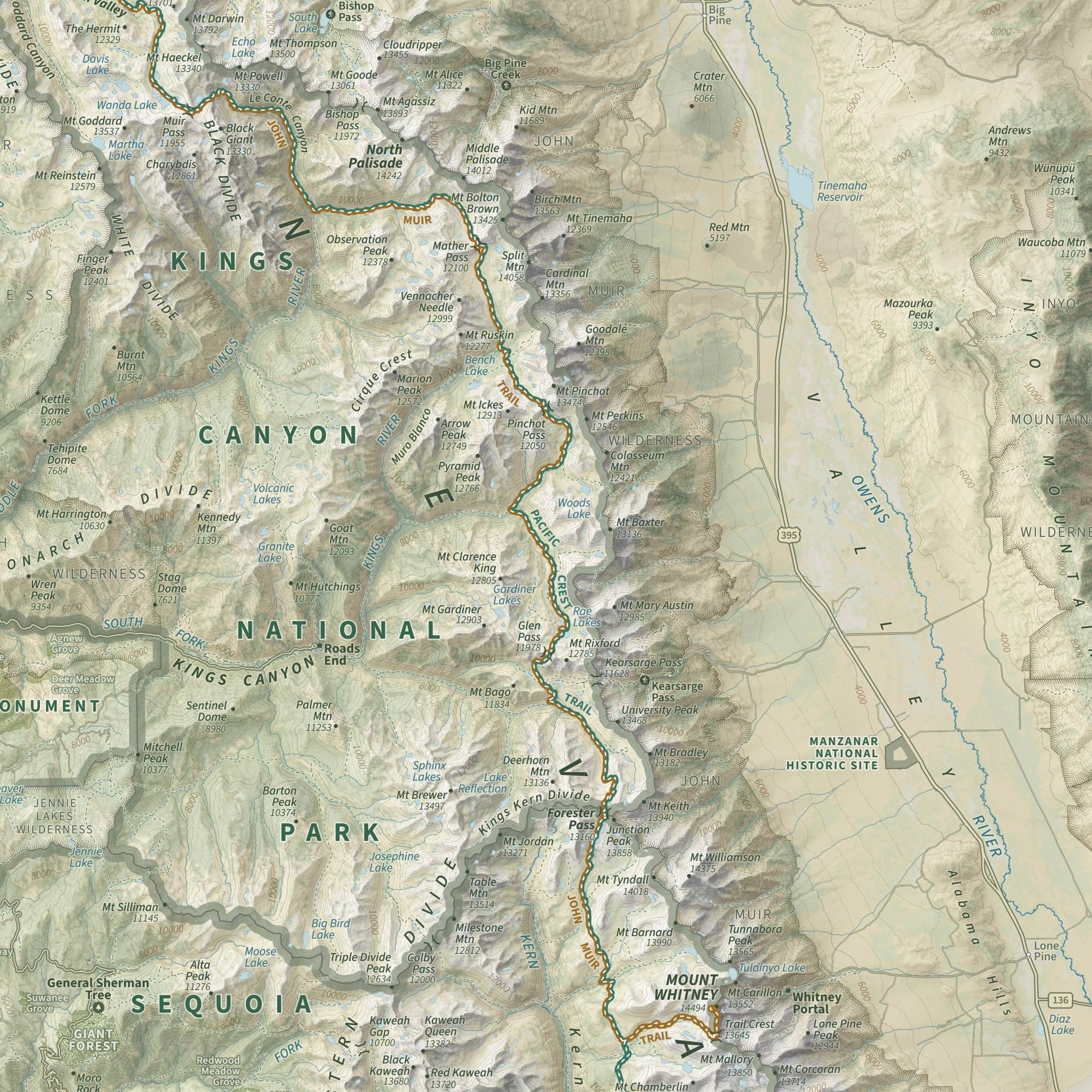 The John Muir Trail Shaded Relief Map - No Frame