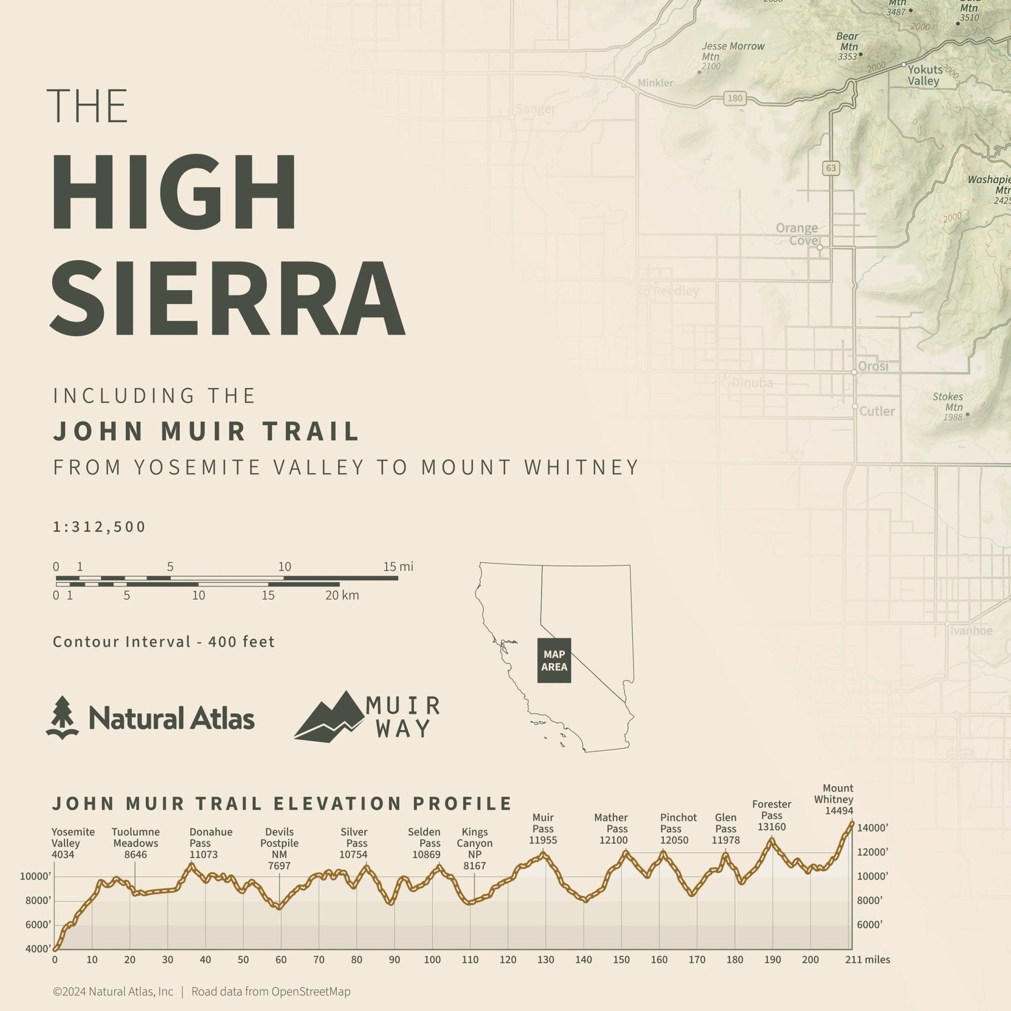 The John Muir Trail Shaded Relief Map - No Frame