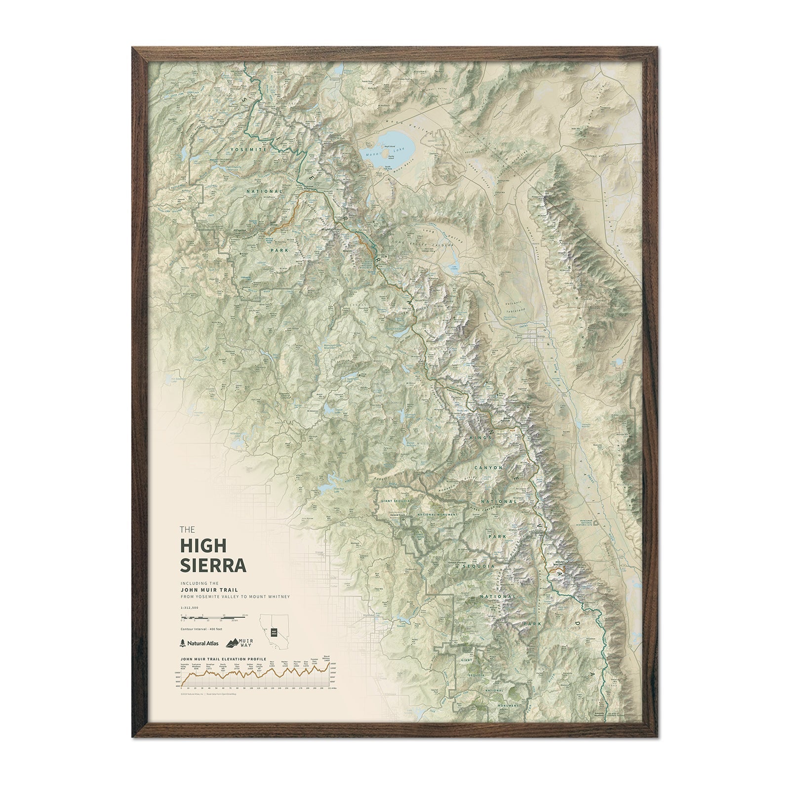 The John Muir Trail Shaded Relief Map - No Frame