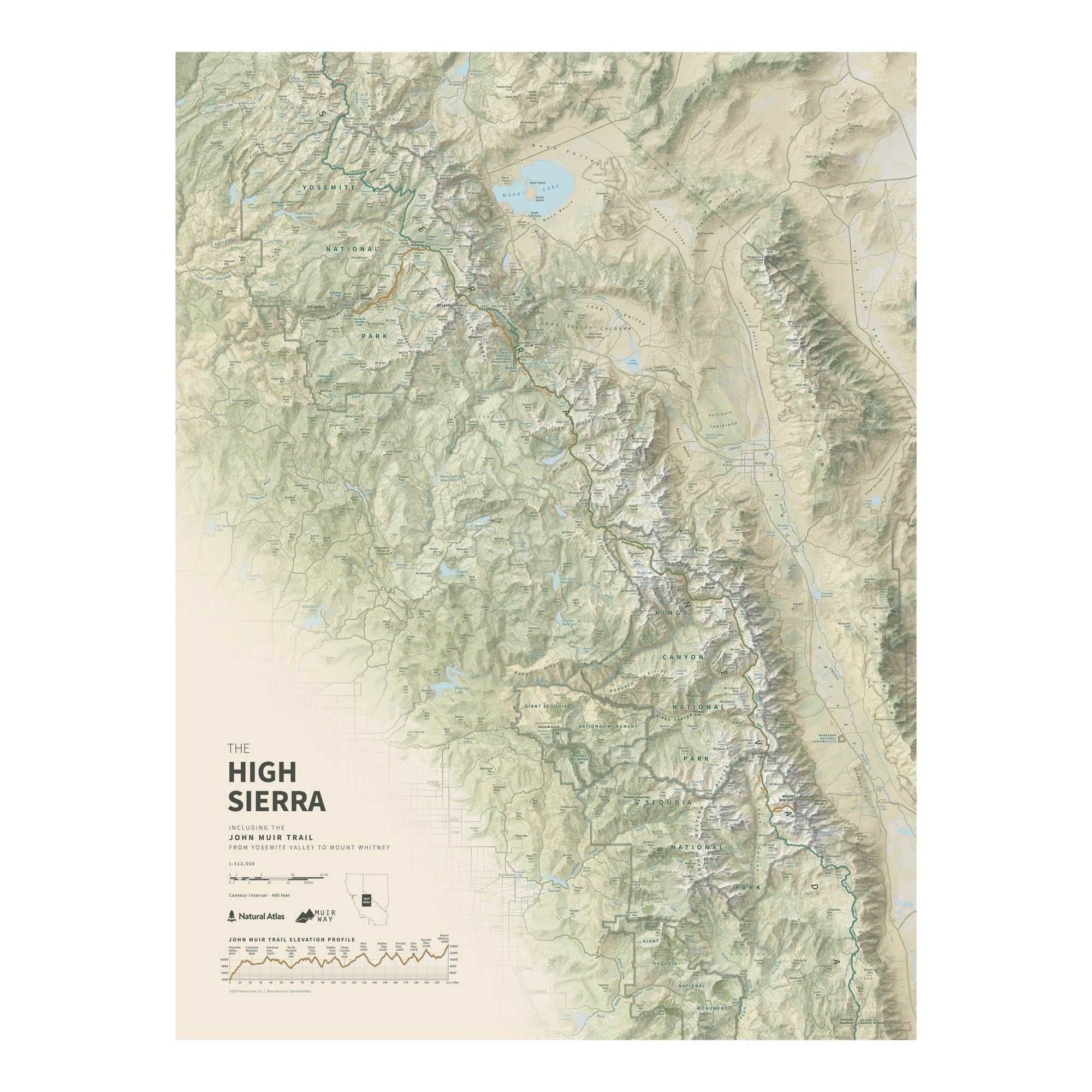 The John Muir Trail Shaded Relief Map - No Frame