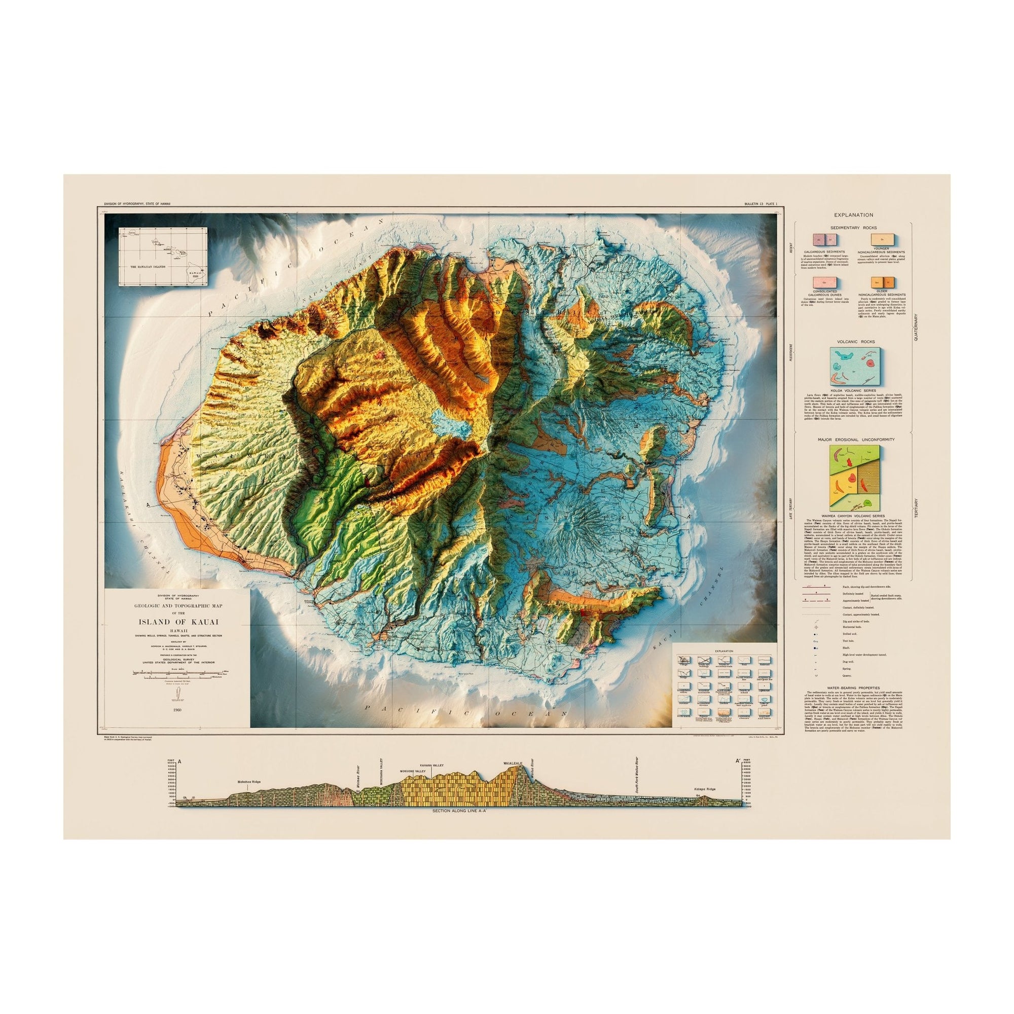 Kauai 1960 Geologic Shaded Relief Map - No Frame