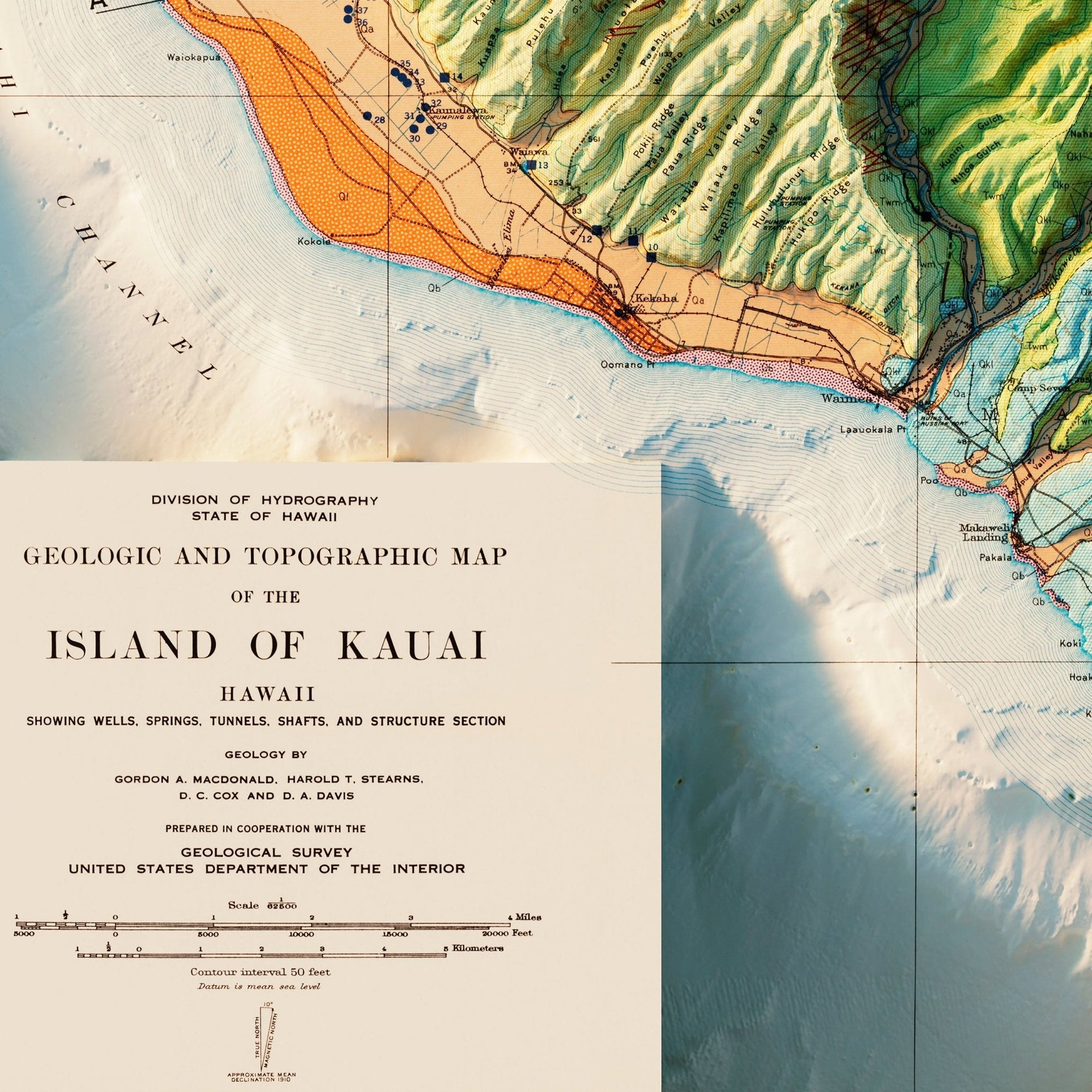 Kauai 1960 Geologic Shaded Relief Map - No Frame