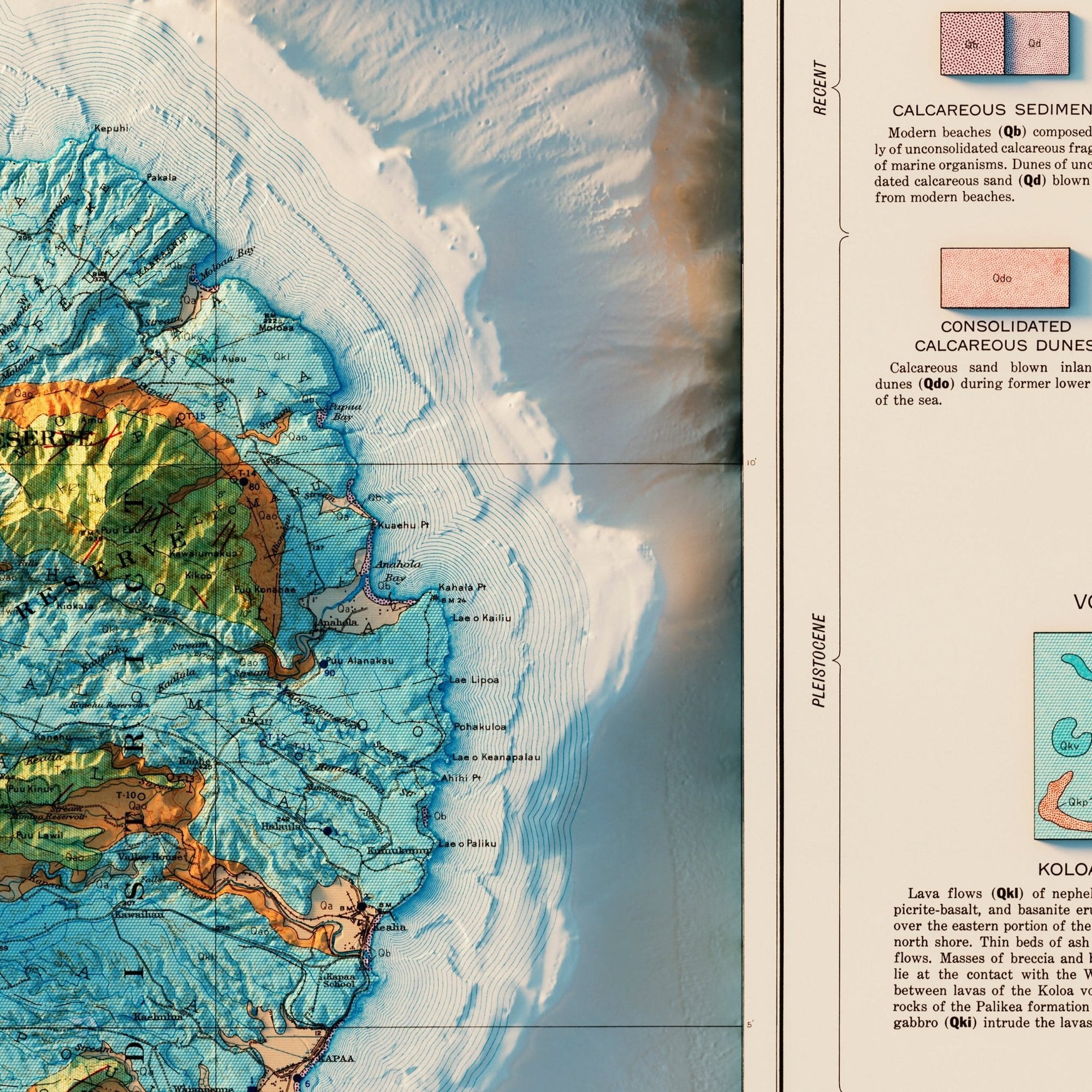Kauai 1960 Geologic Shaded Relief Map - No Frame