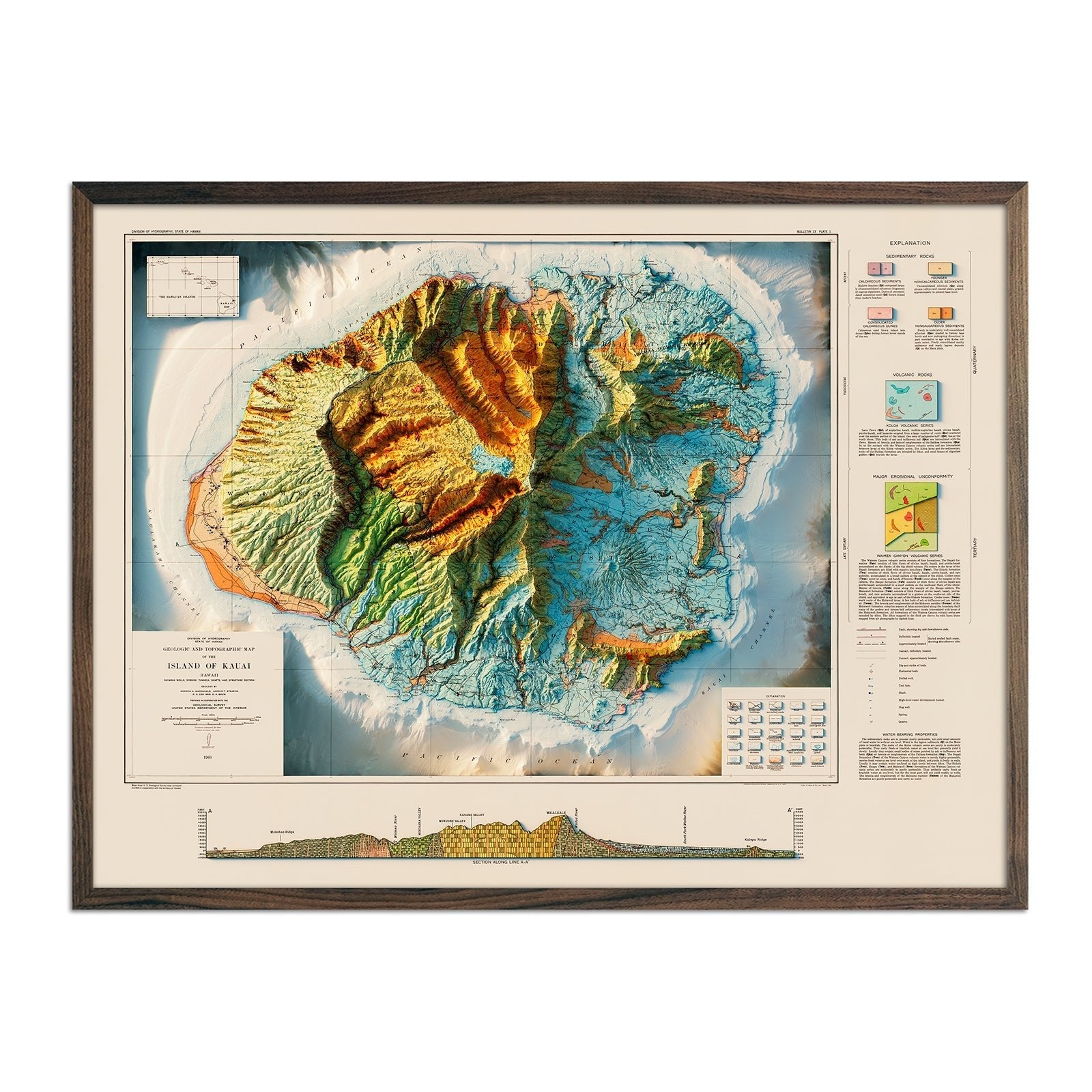 Kauai 1960 Geologic Shaded Relief Map - No Frame