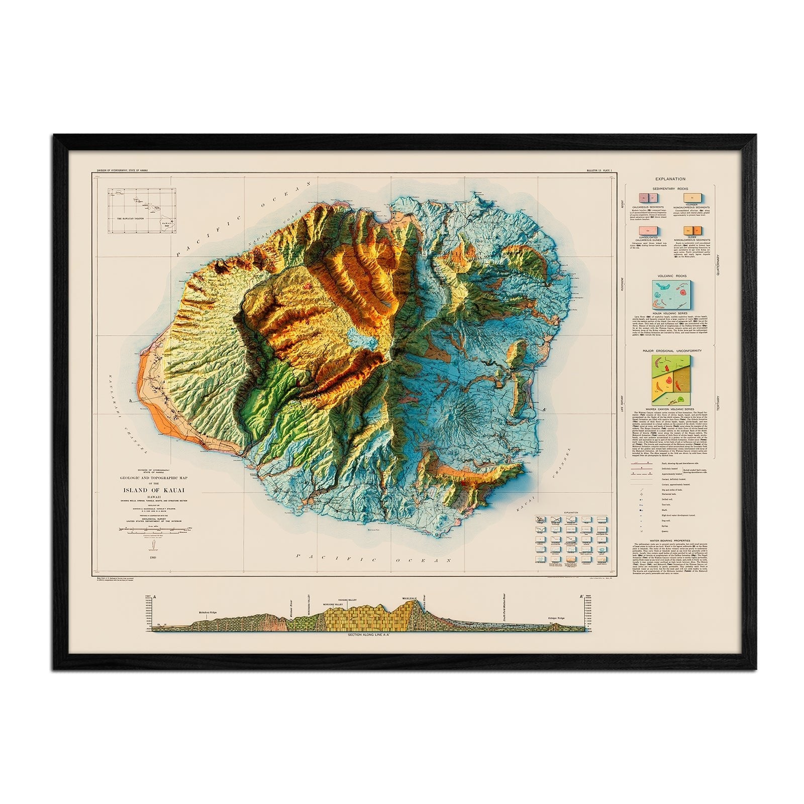 Kauai 1960 Geologic Shaded Relief Map - No Frame