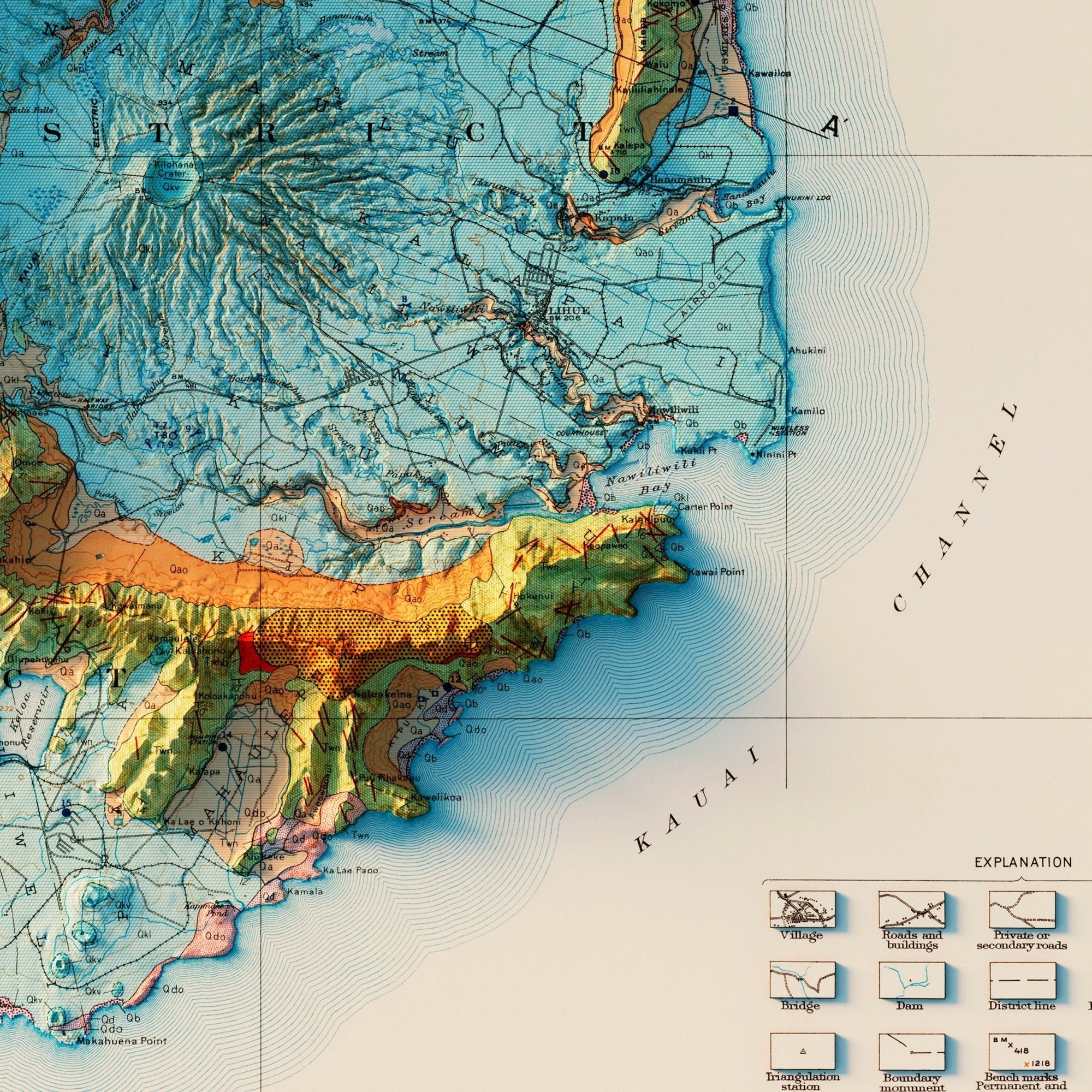 Kauai 1960 Geologic Shaded Relief Map - No Frame