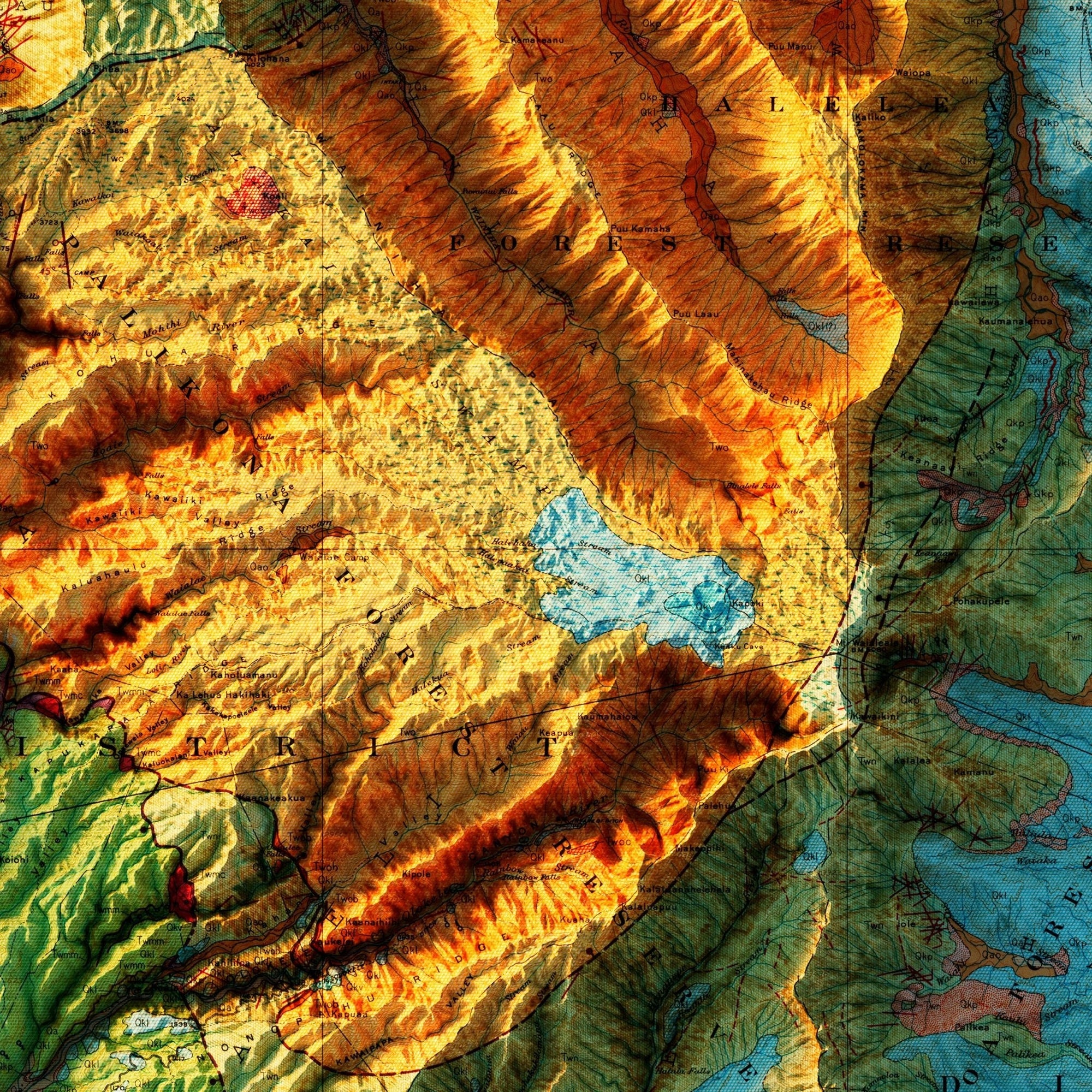 Kauai 1960 Geologic Shaded Relief Map - No Frame