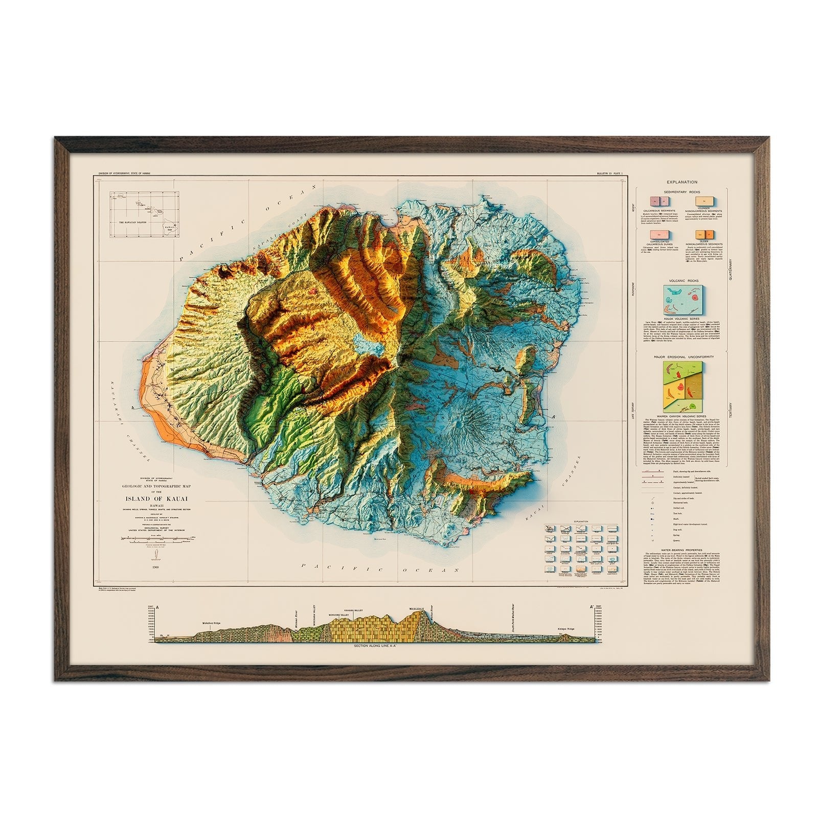 Kauai 1960 Geologic Shaded Relief Map - No Frame