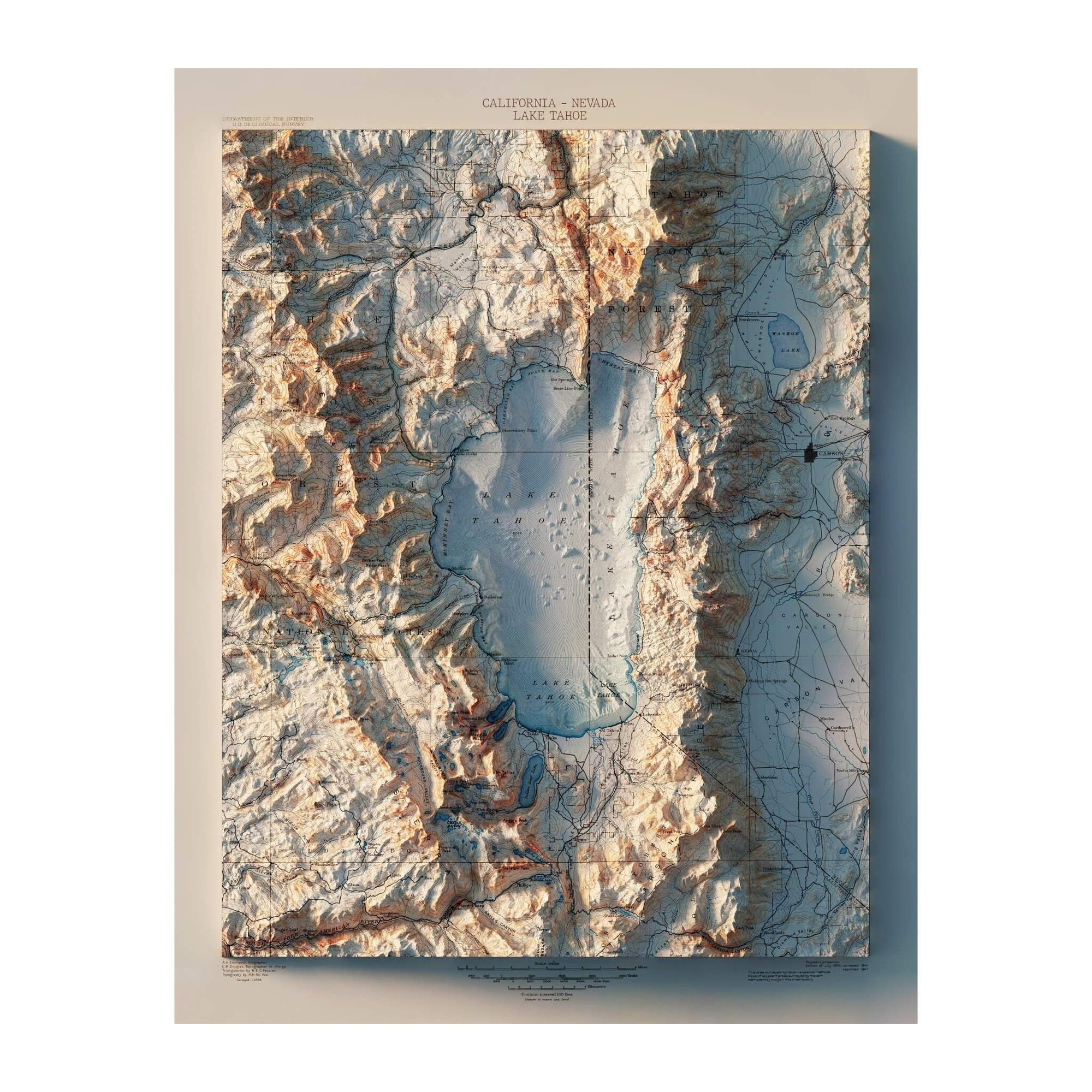 Lake Tahoe 1895 Shaded Relief Map - No Frame