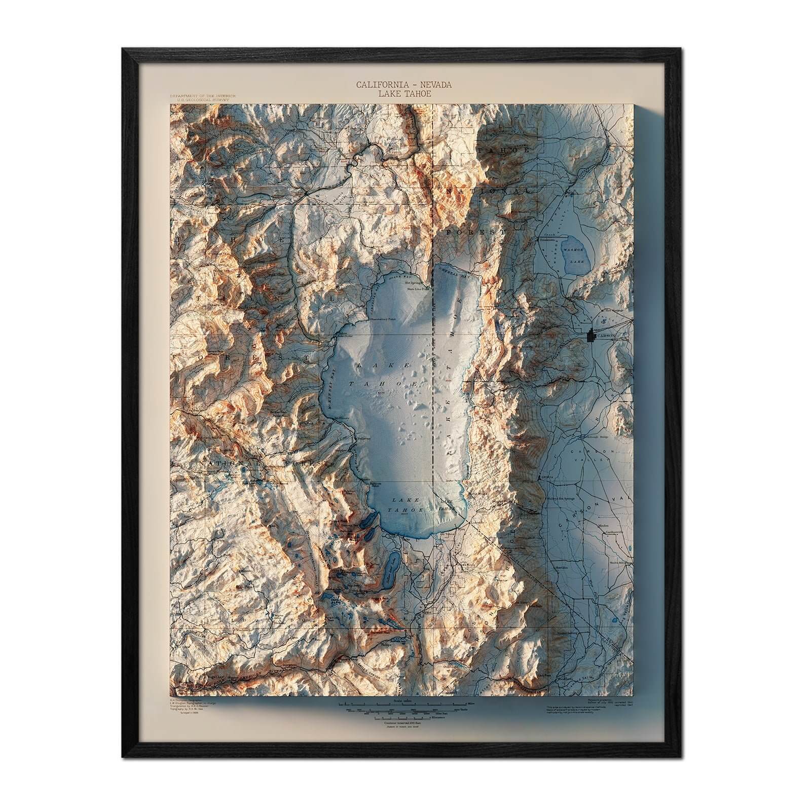 Lake Tahoe 1895 Shaded Relief Map - No Frame