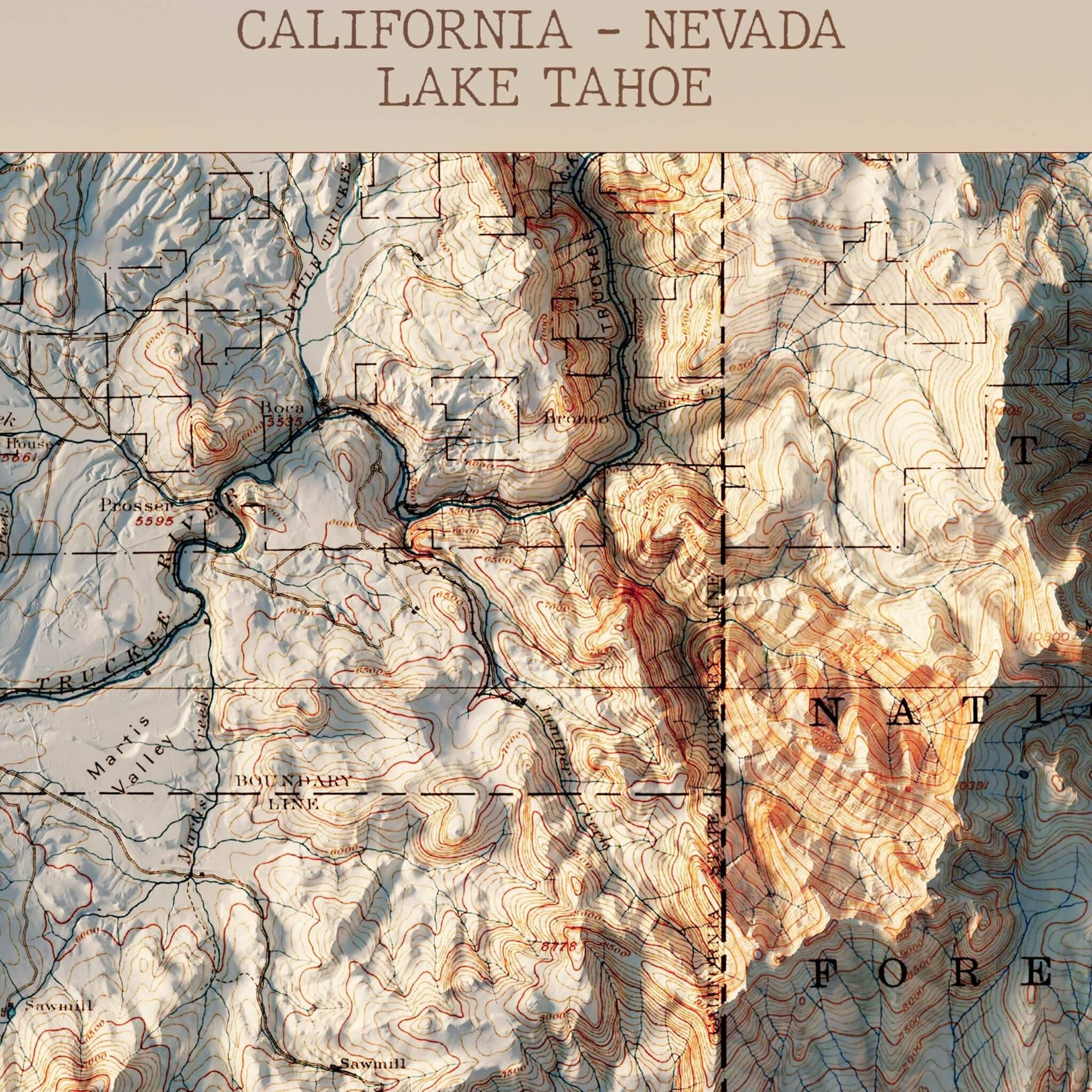 Lake Tahoe 1895 Shaded Relief Map - No Frame