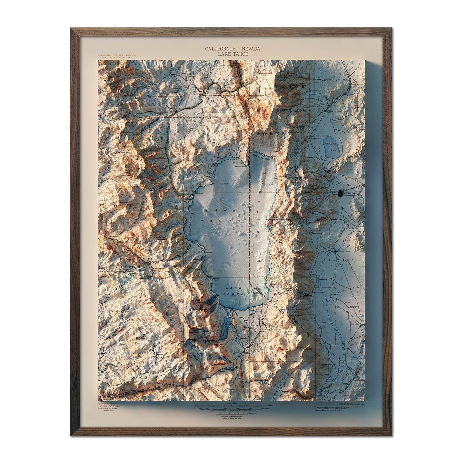 Lake Tahoe 1895 Shaded Relief Map - No Frame