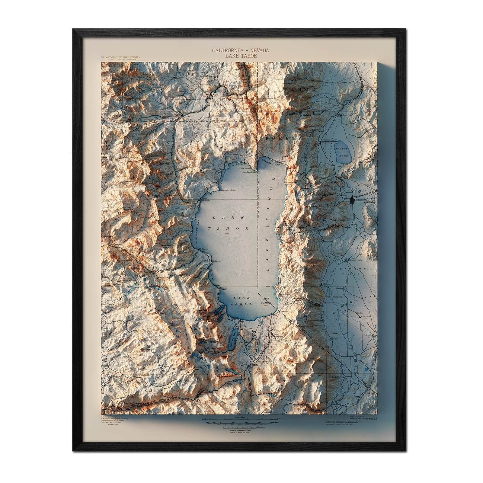 Lake Tahoe 1895 Shaded Relief Map - No Frame