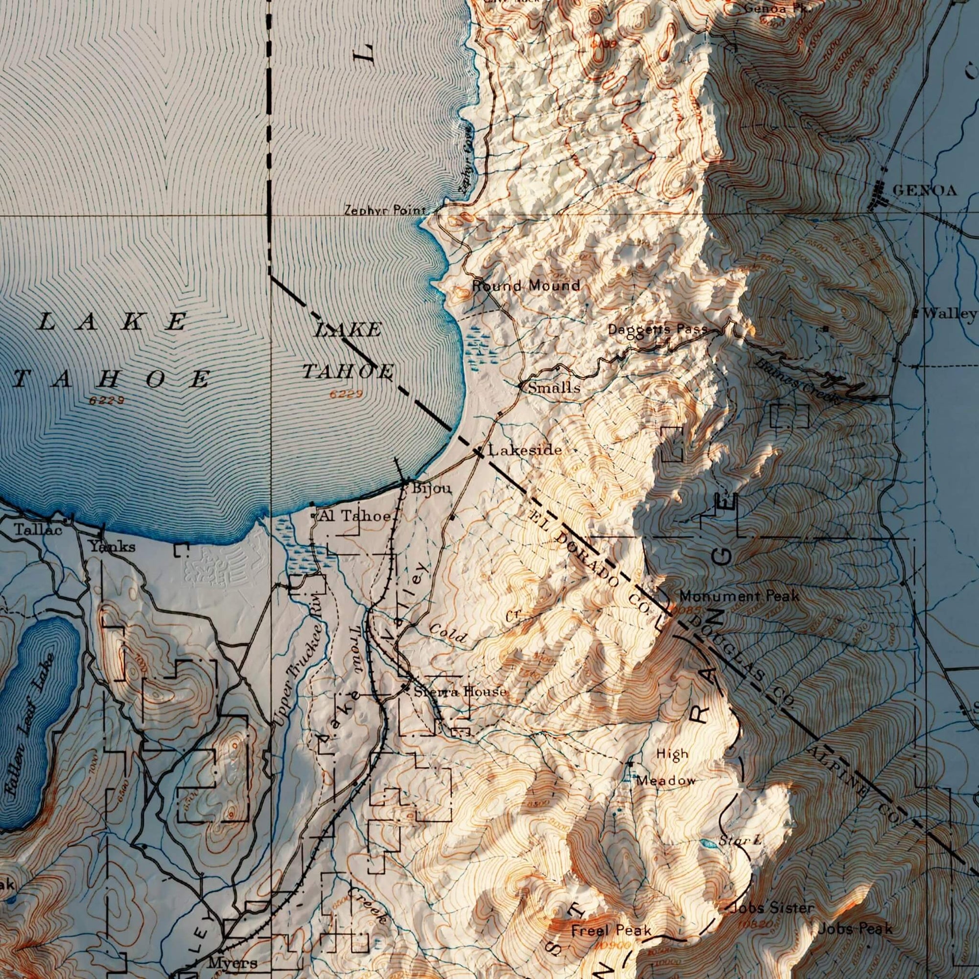 Lake Tahoe 1895 Shaded Relief Map - No Frame