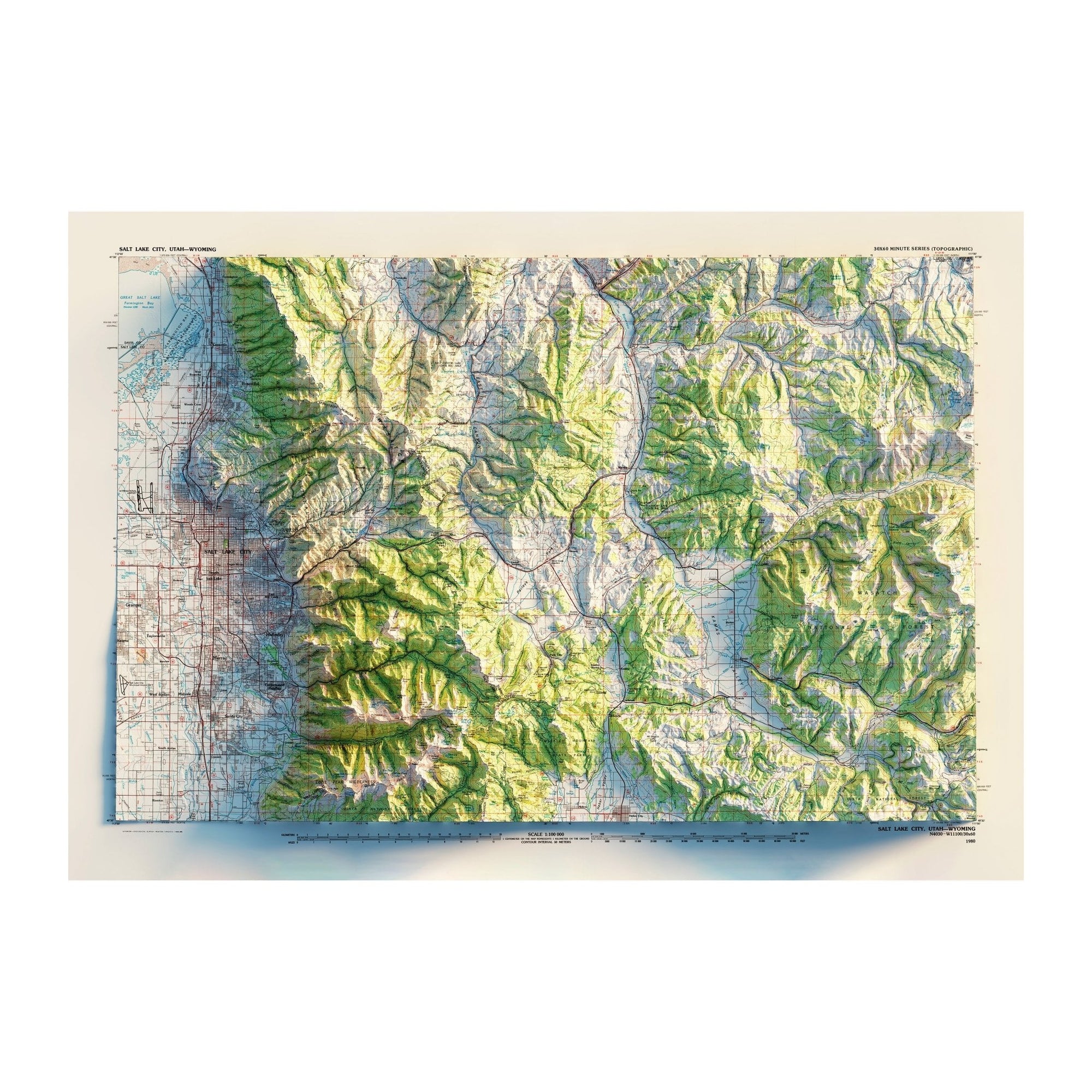 Salt Lake City, Utah 1980 Shaded Relief Map - No Frame