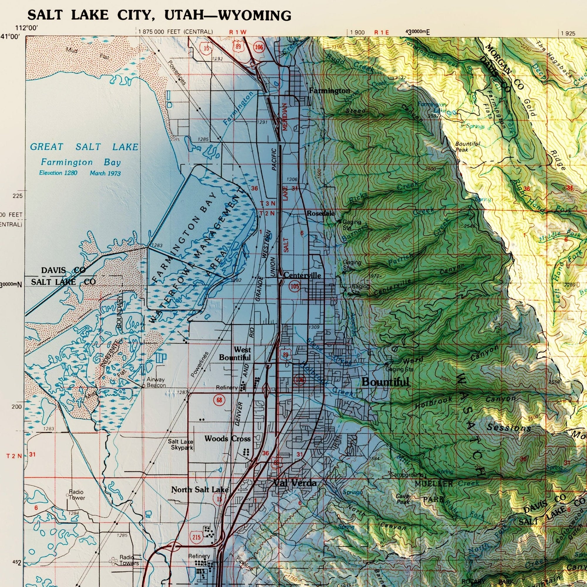 Salt Lake City, Utah 1980 Shaded Relief Map - No Frame