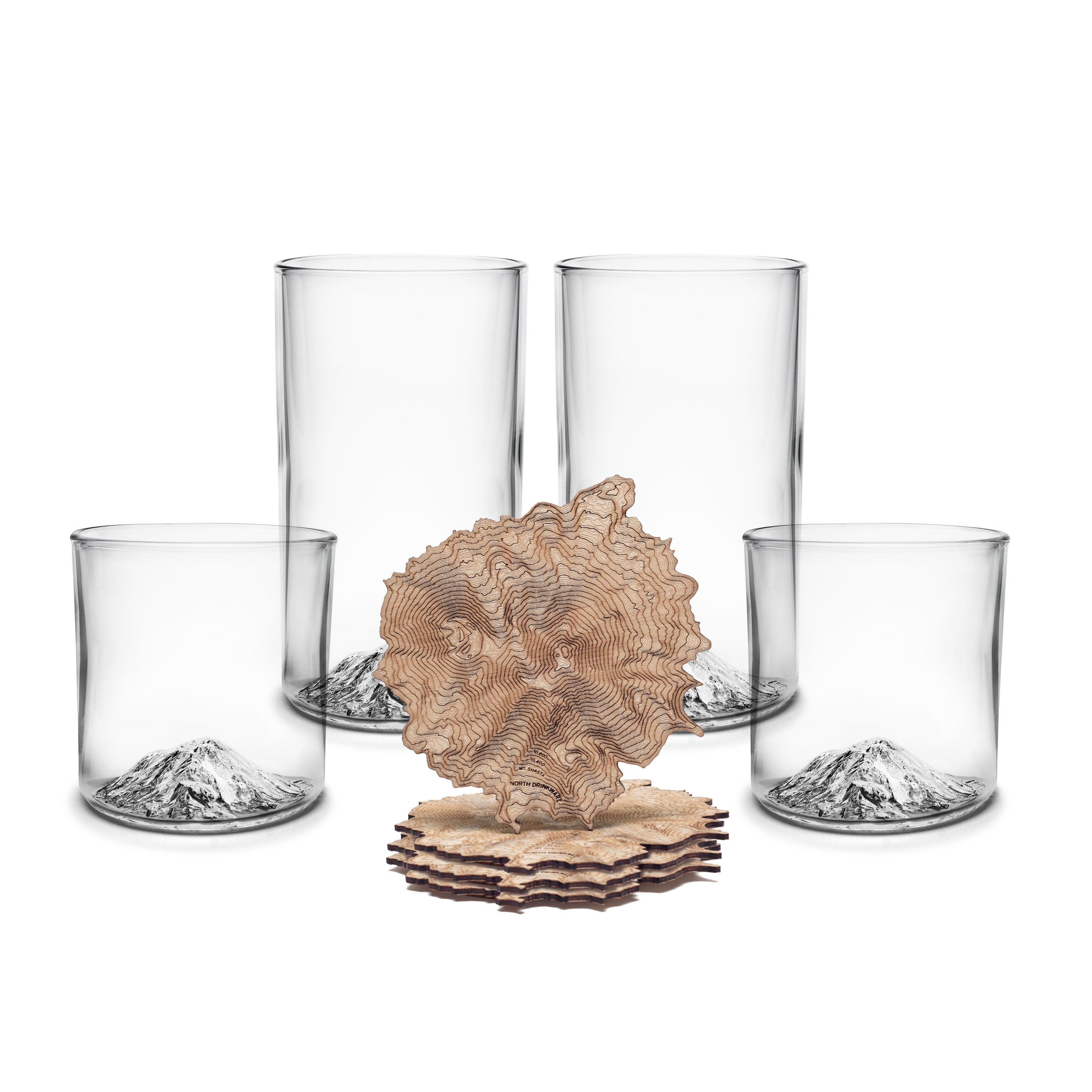 The Mt. Shasta Set | Handblown Mountain Whisky, Beer & Coaster Gift