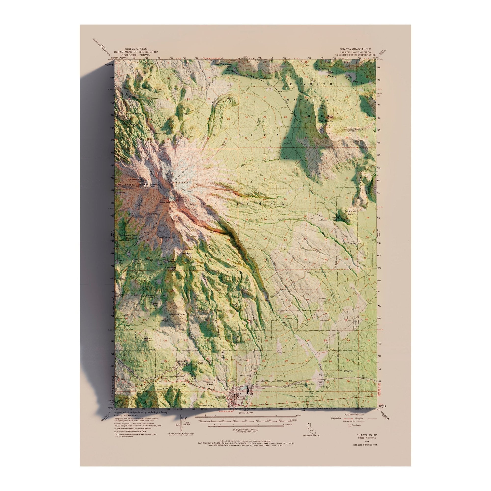 Shasta, California 1954 Shaded Relief Map - No Frame