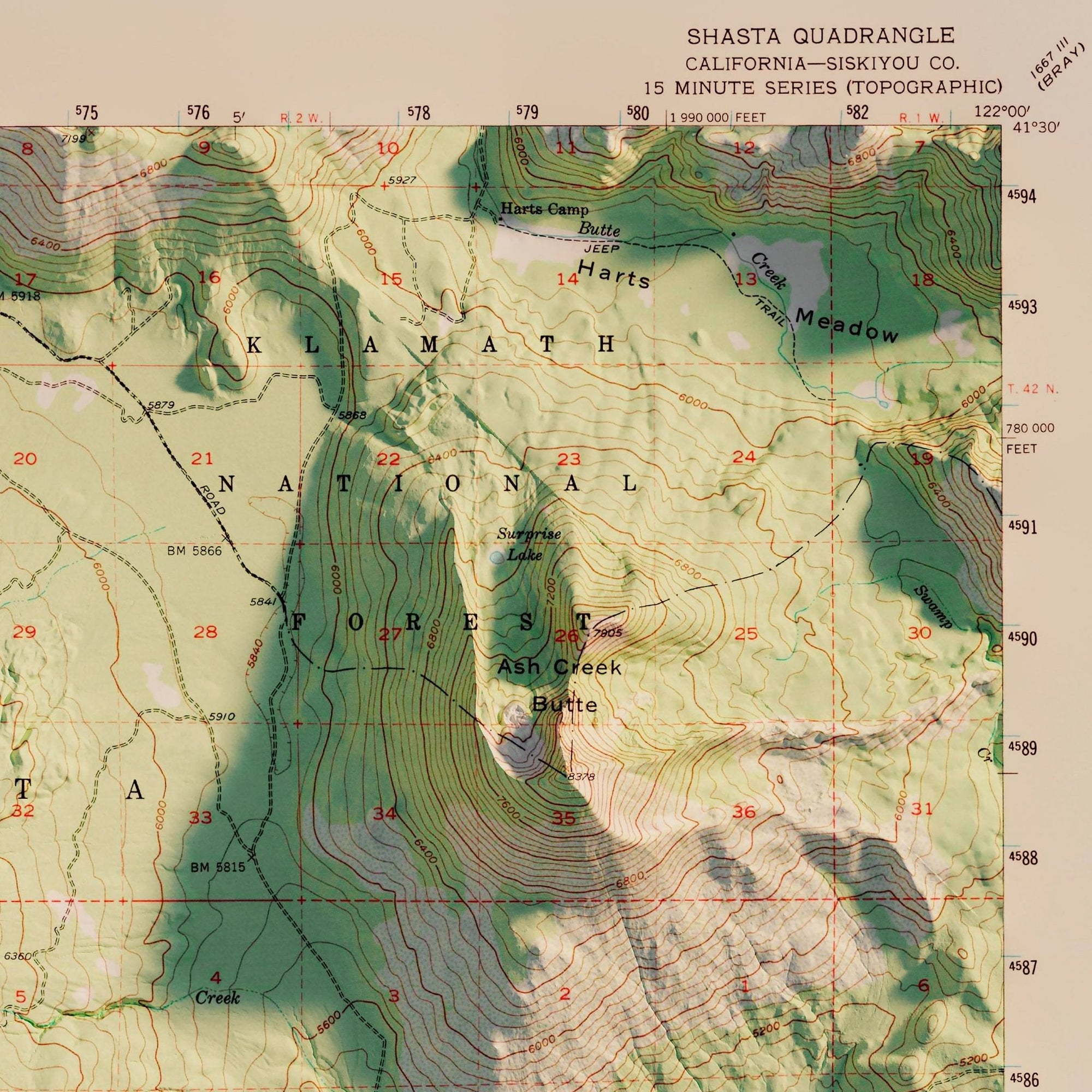Shasta, California 1954 Shaded Relief Map - No Frame