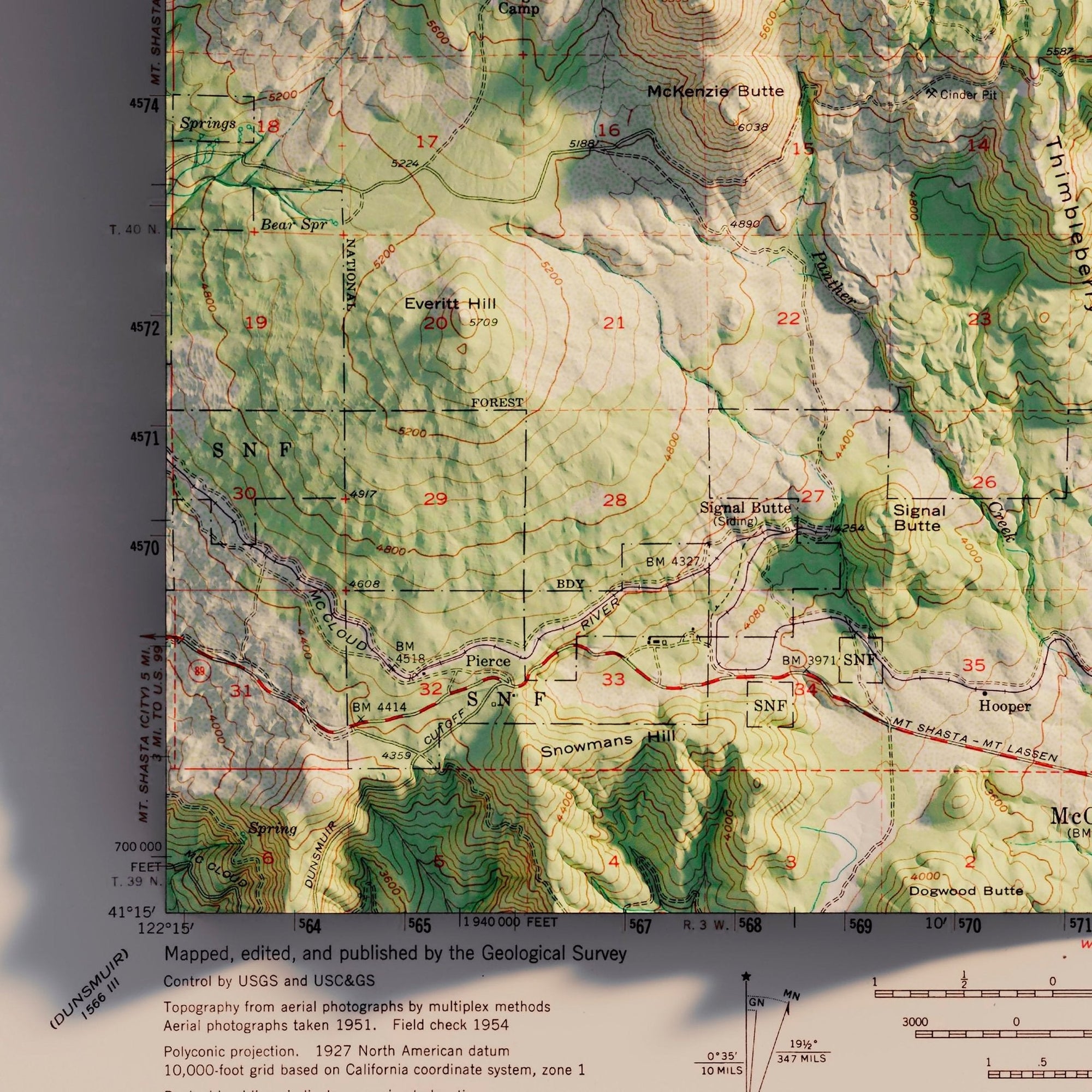 Shasta, California 1954 Shaded Relief Map - No Frame