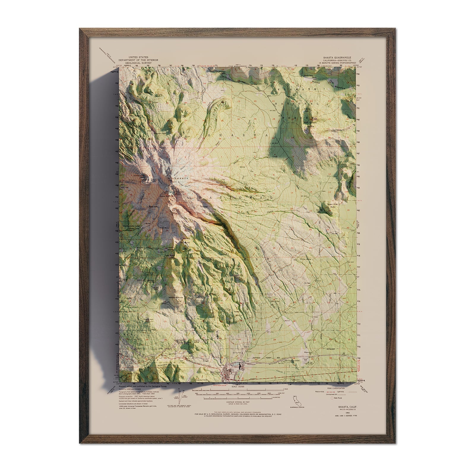 Shasta, California 1954 Shaded Relief Map - No Frame