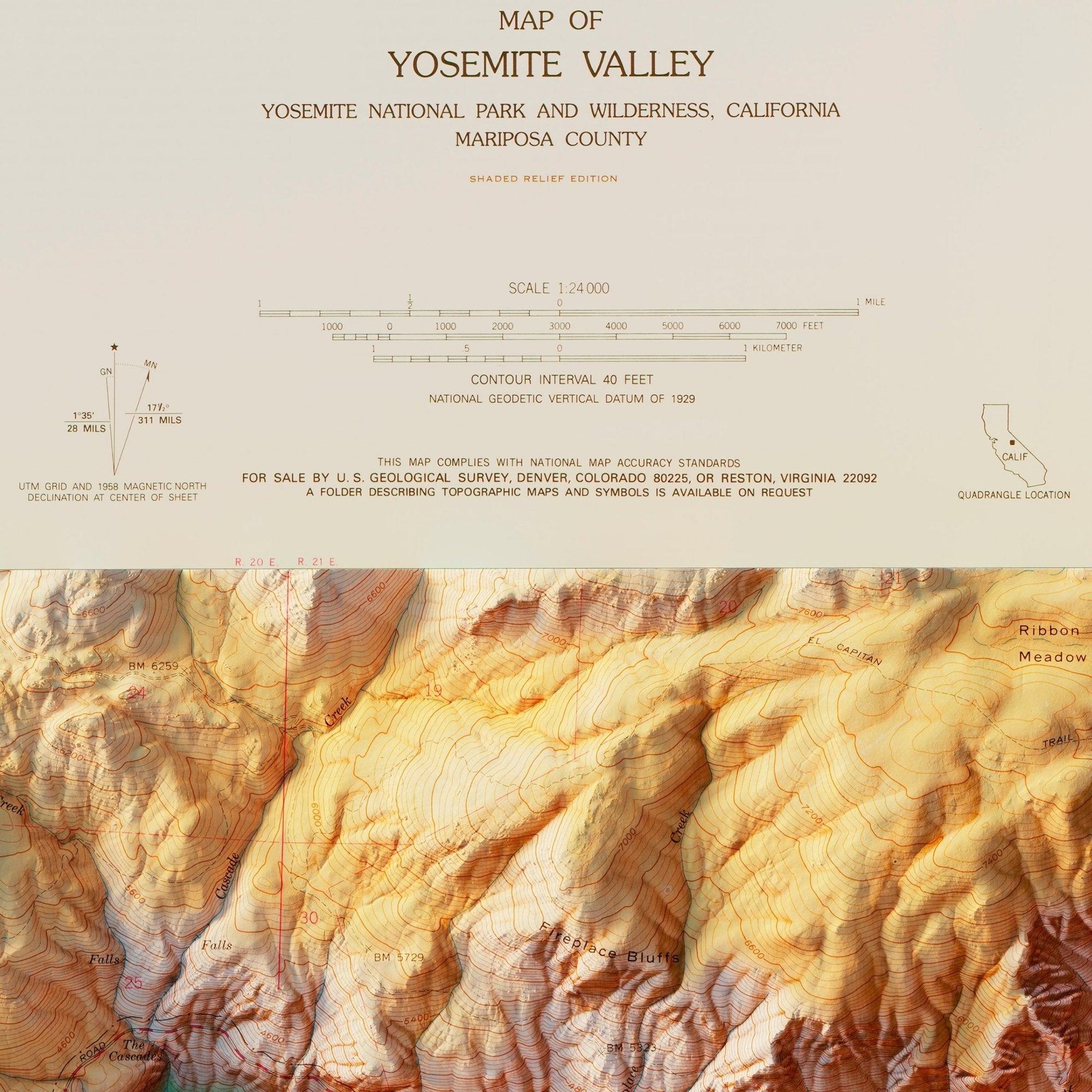Yosemite Valley 1970 Shaded Relief Map - No Frame