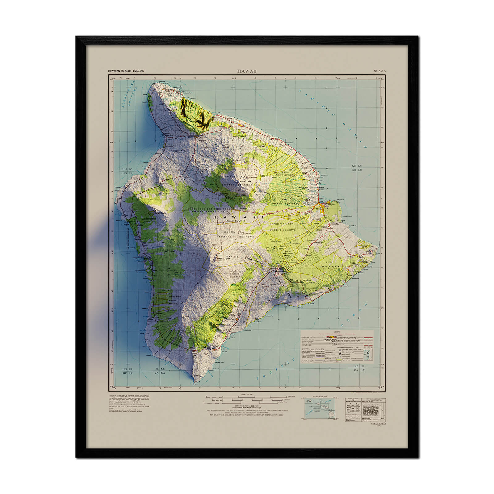 Big Island, Hawaii 1975 Shaded Relief Map - No Frame - North Drinkware