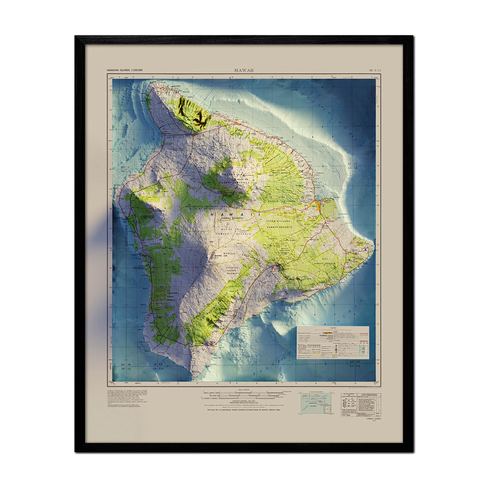 Big Island, Hawaii 1975 Shaded Relief Map - No Frame - North Drinkware