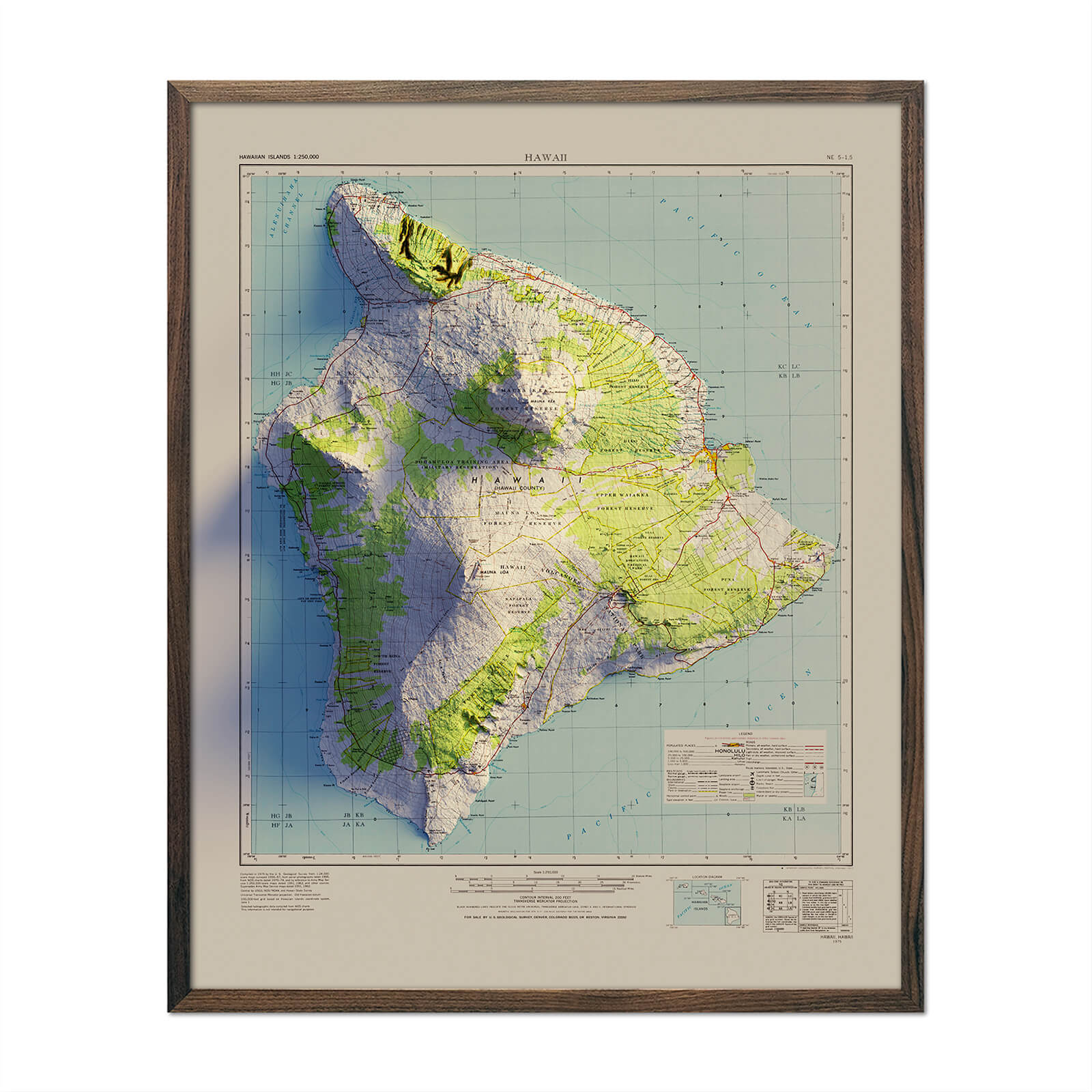 Big Island, Hawaii 1975 Shaded Relief Map - No Frame - North Drinkware