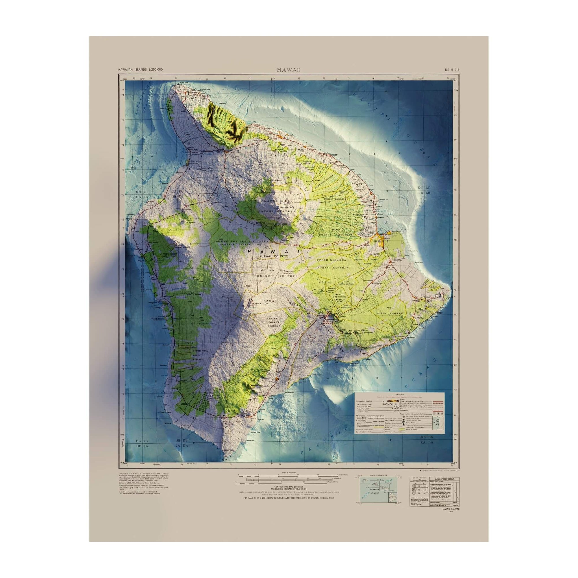 Big Island, Hawaii 1975 Shaded Relief Map - No Frame - North Drinkware