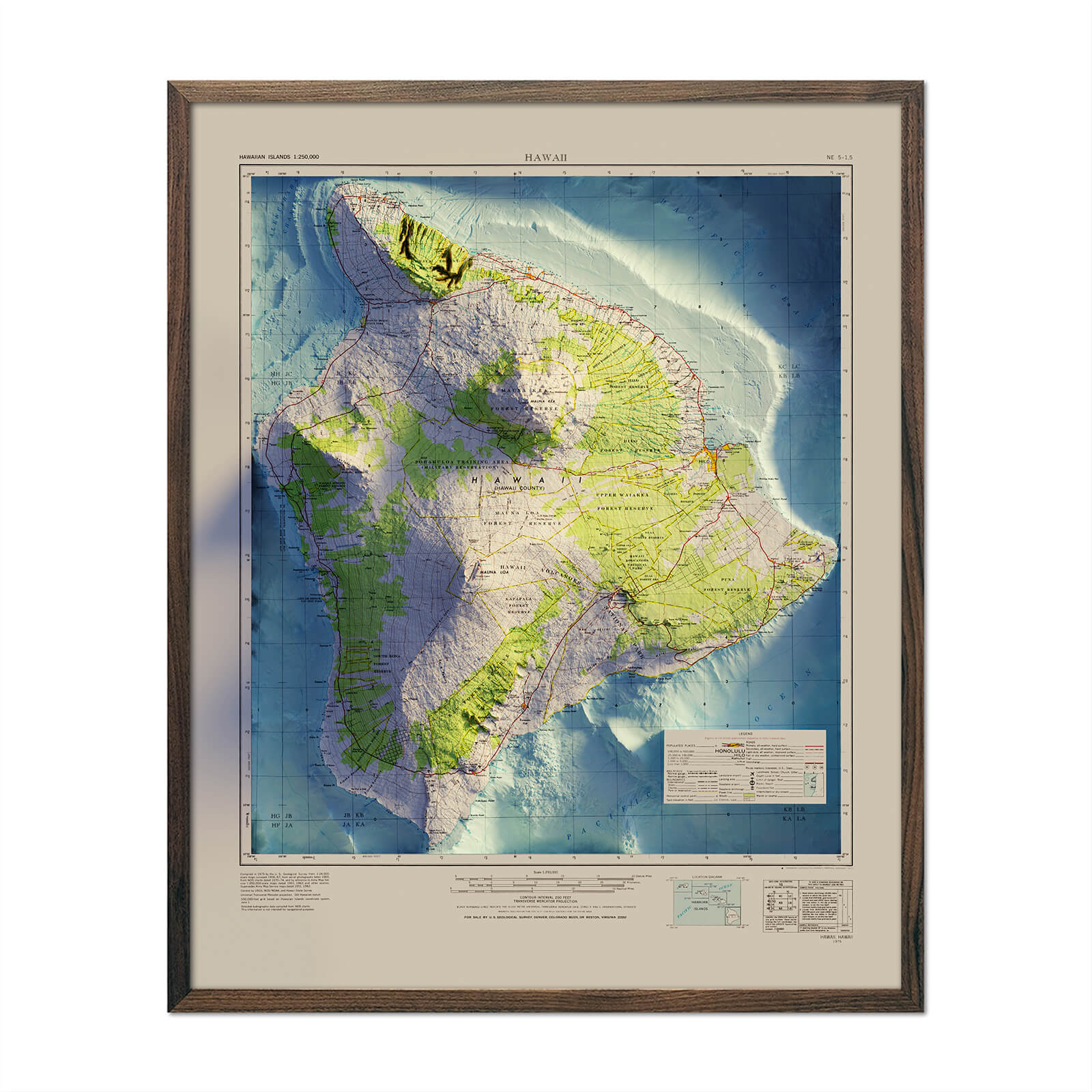 Big Island, Hawaii 1975 Shaded Relief Map - No Frame - North Drinkware