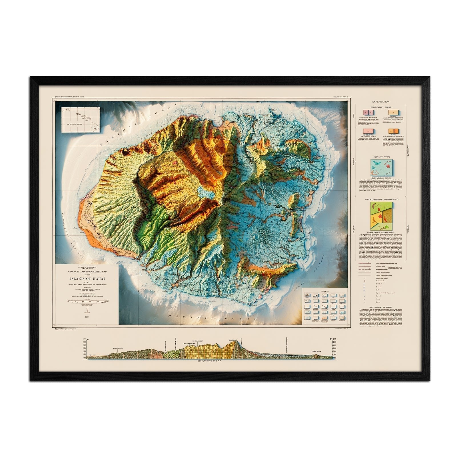 Kauai 1960 Geologic Shaded Relief Map - No Frame - North Drinkware