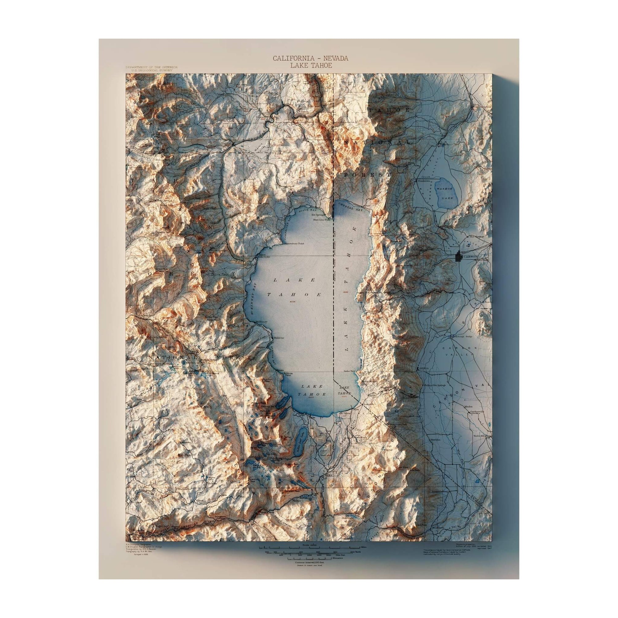 Lake Tahoe 1895 Shaded Relief Map - No Frame - North Drinkware