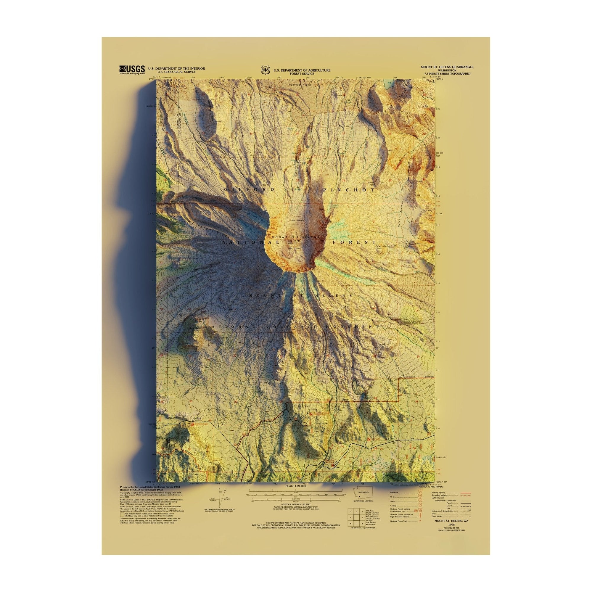 Mount St. Helens, WA 1998 Shaded Relief Map - No Frame - North Drinkware