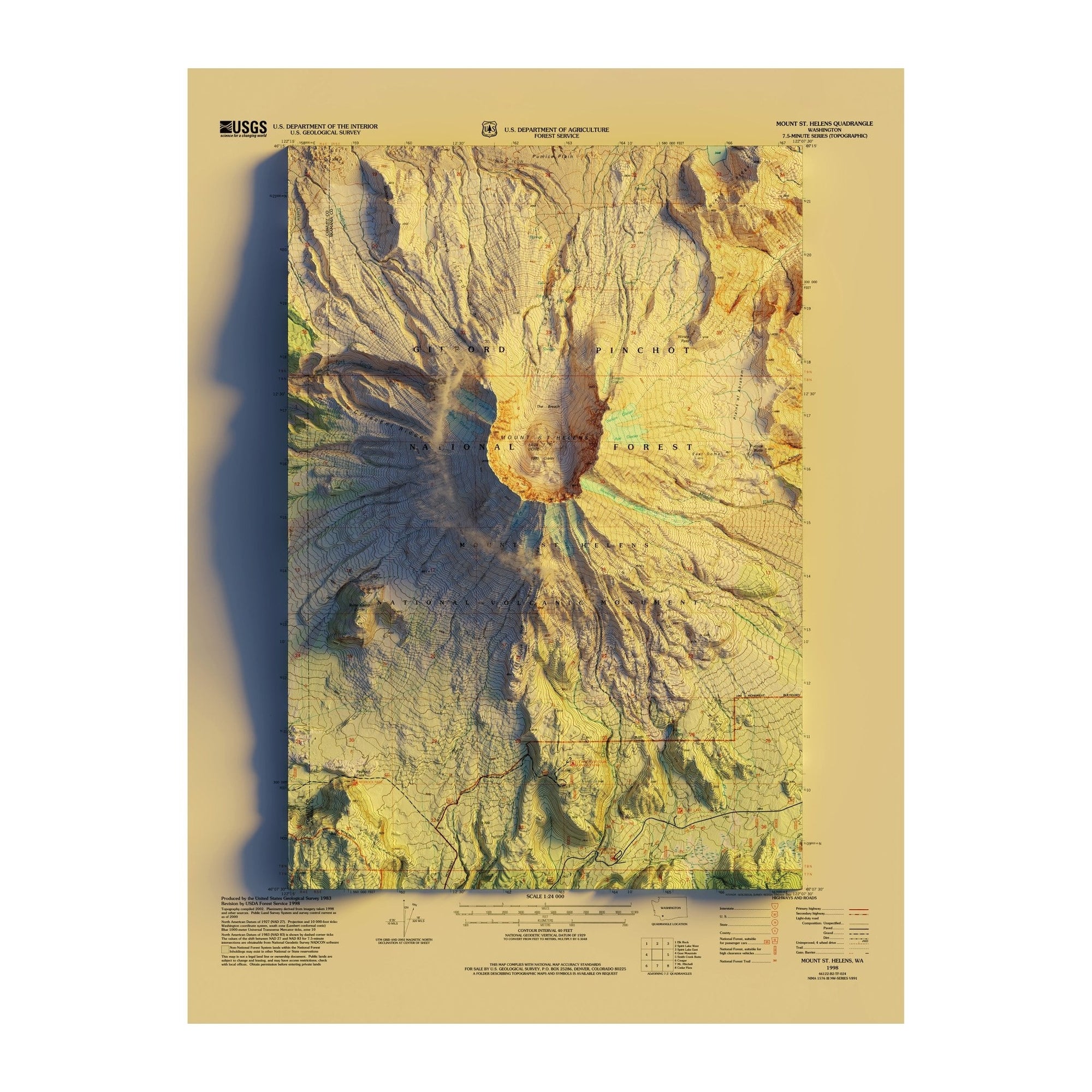 Mount St. Helens, WA 1998 Shaded Relief Map - No Frame - North Drinkware