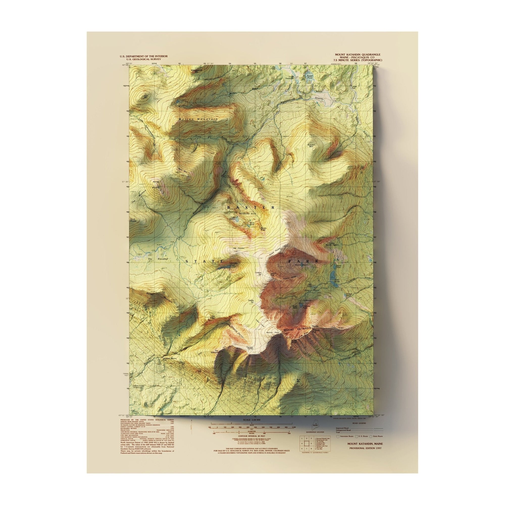 Mt. Katahdin, Maine 1997 Shaded Relief Map - No Frame - North Drinkware