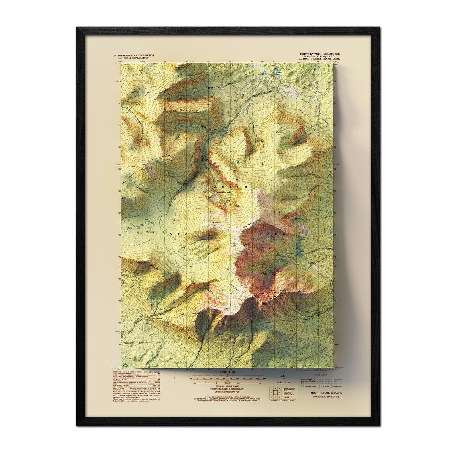 Mt. Katahdin, Maine 1997 Shaded Relief Map - No Frame - North Drinkware
