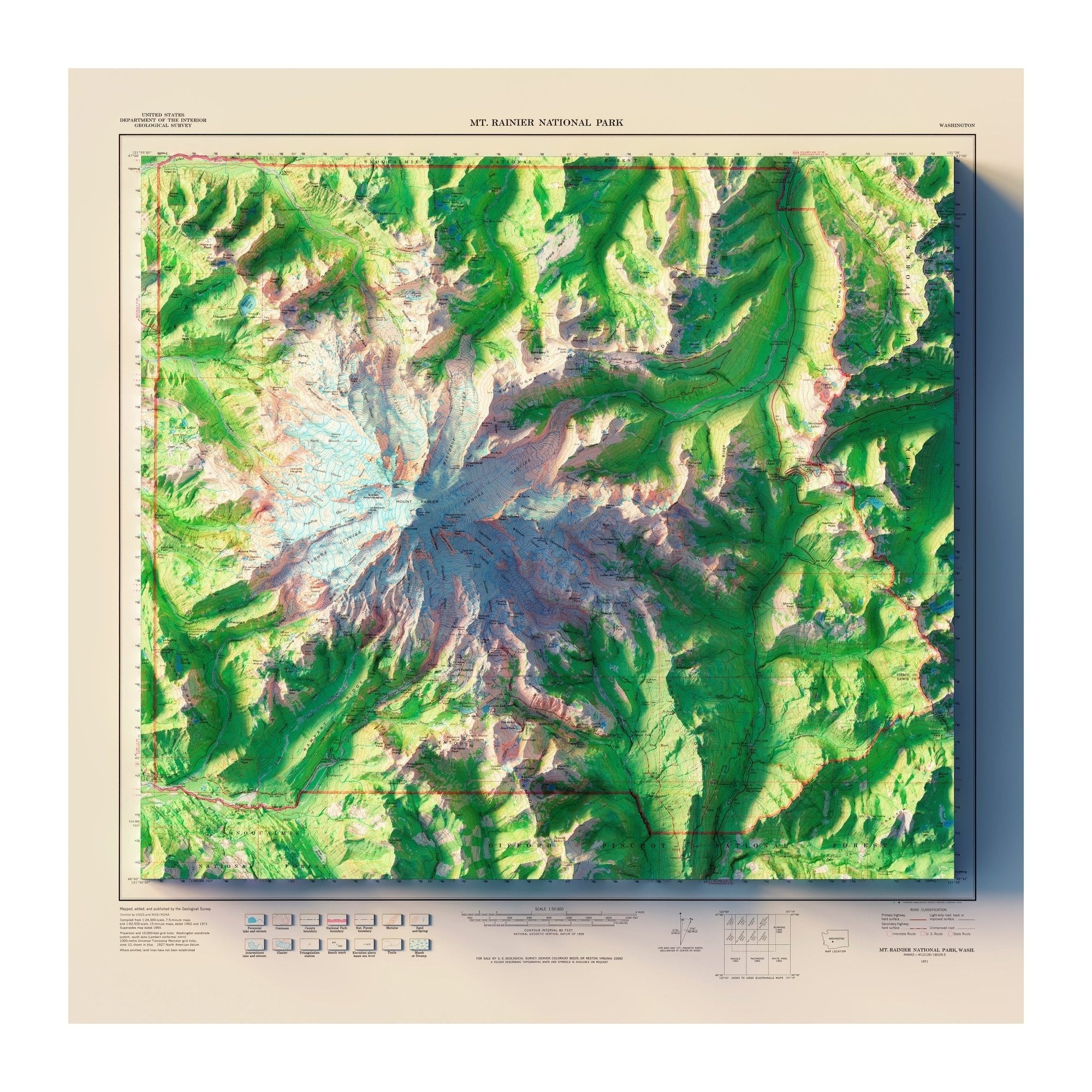 Mt. Rainier National Park 1971 Shaded Relief Map - No Frame - North Drinkware