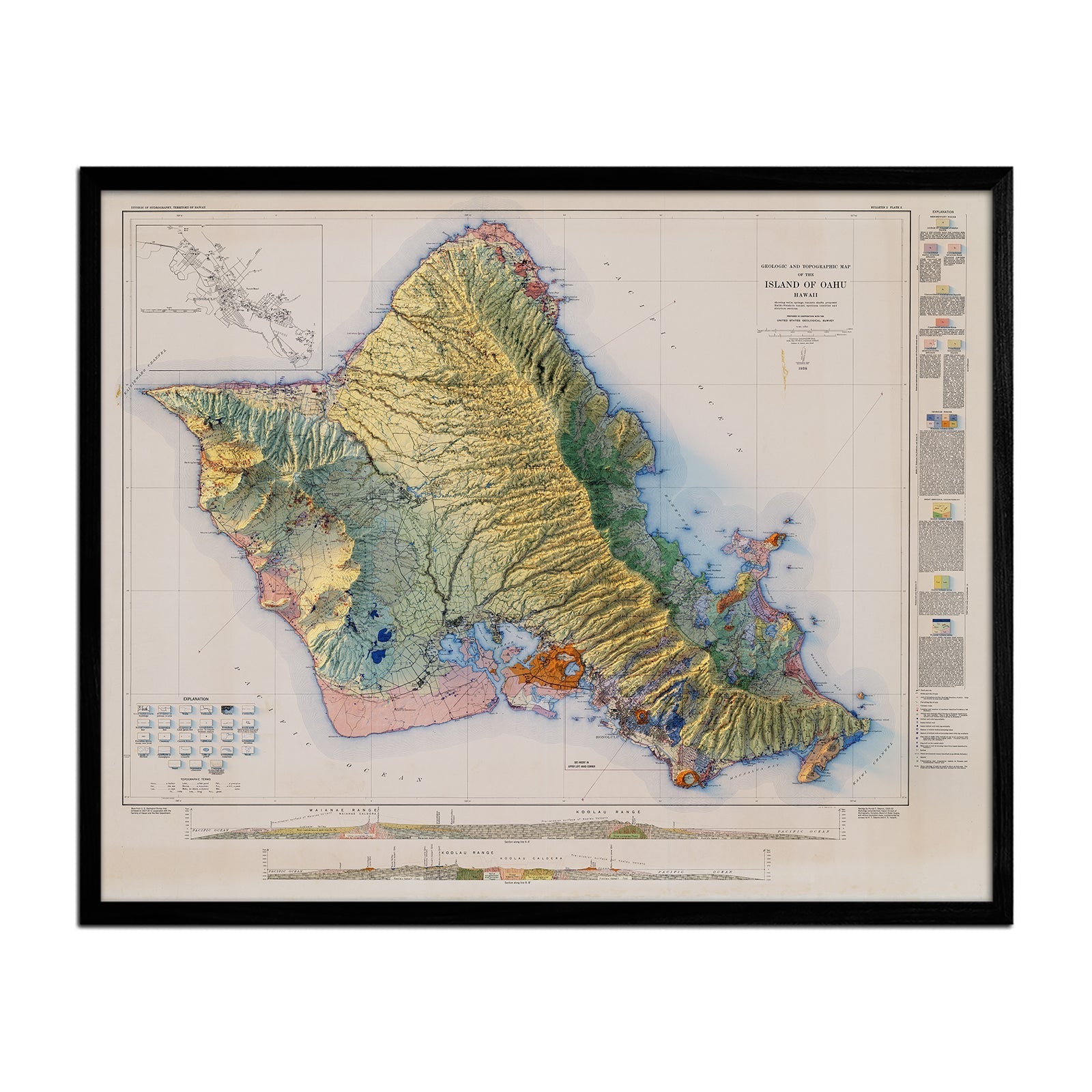 Oahu 1938 Shaded Relief Map - No Frame - North Drinkware