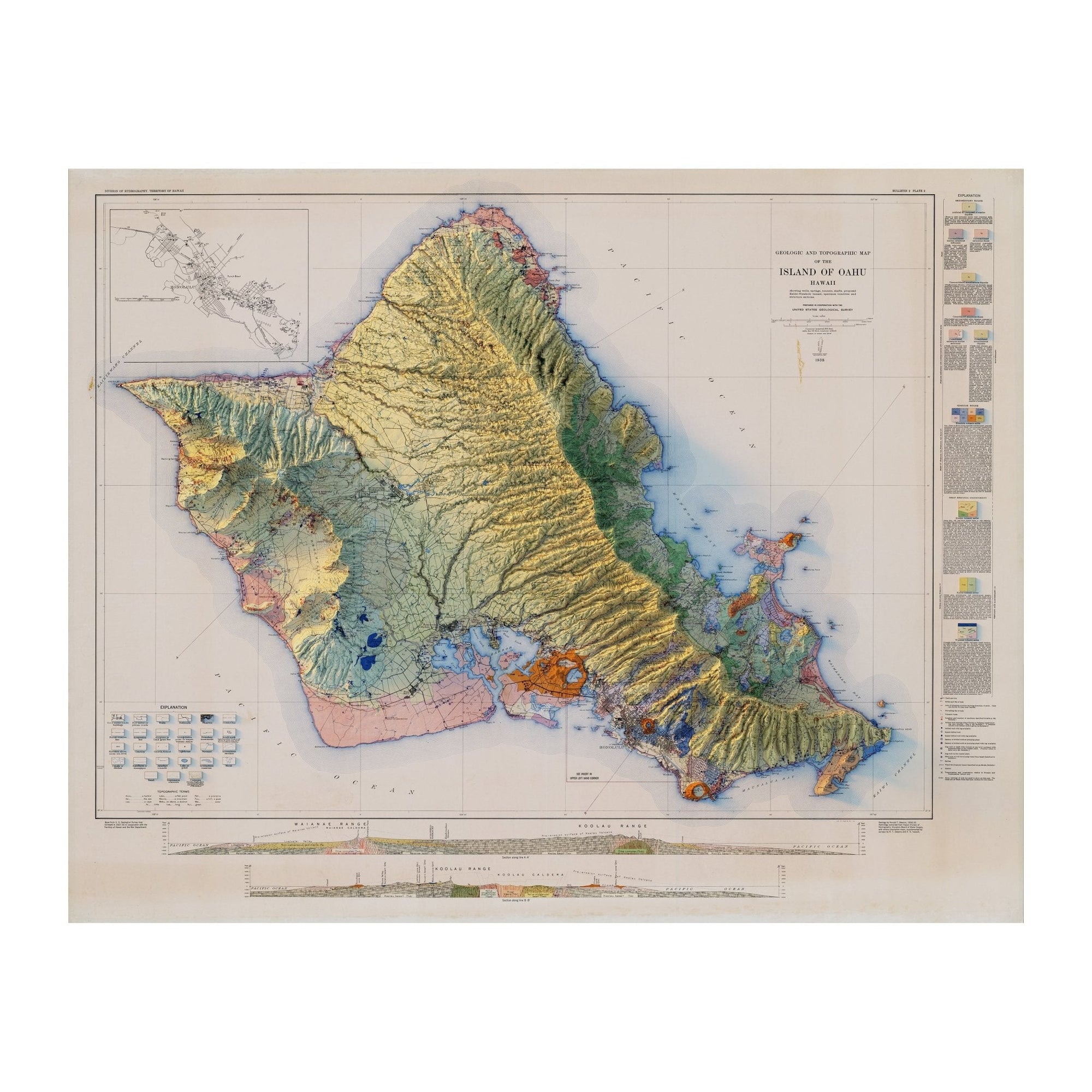 Oahu 1938 Shaded Relief Map - No Frame - North Drinkware