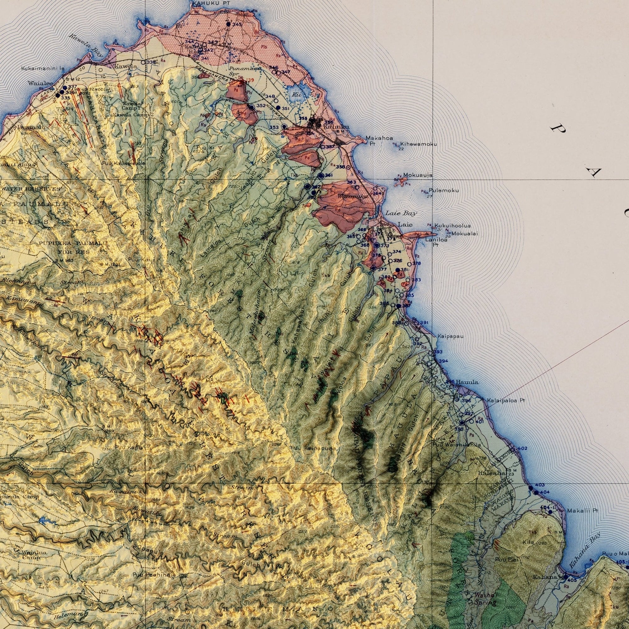 Oahu 1938 Shaded Relief Map - No Frame - North Drinkware