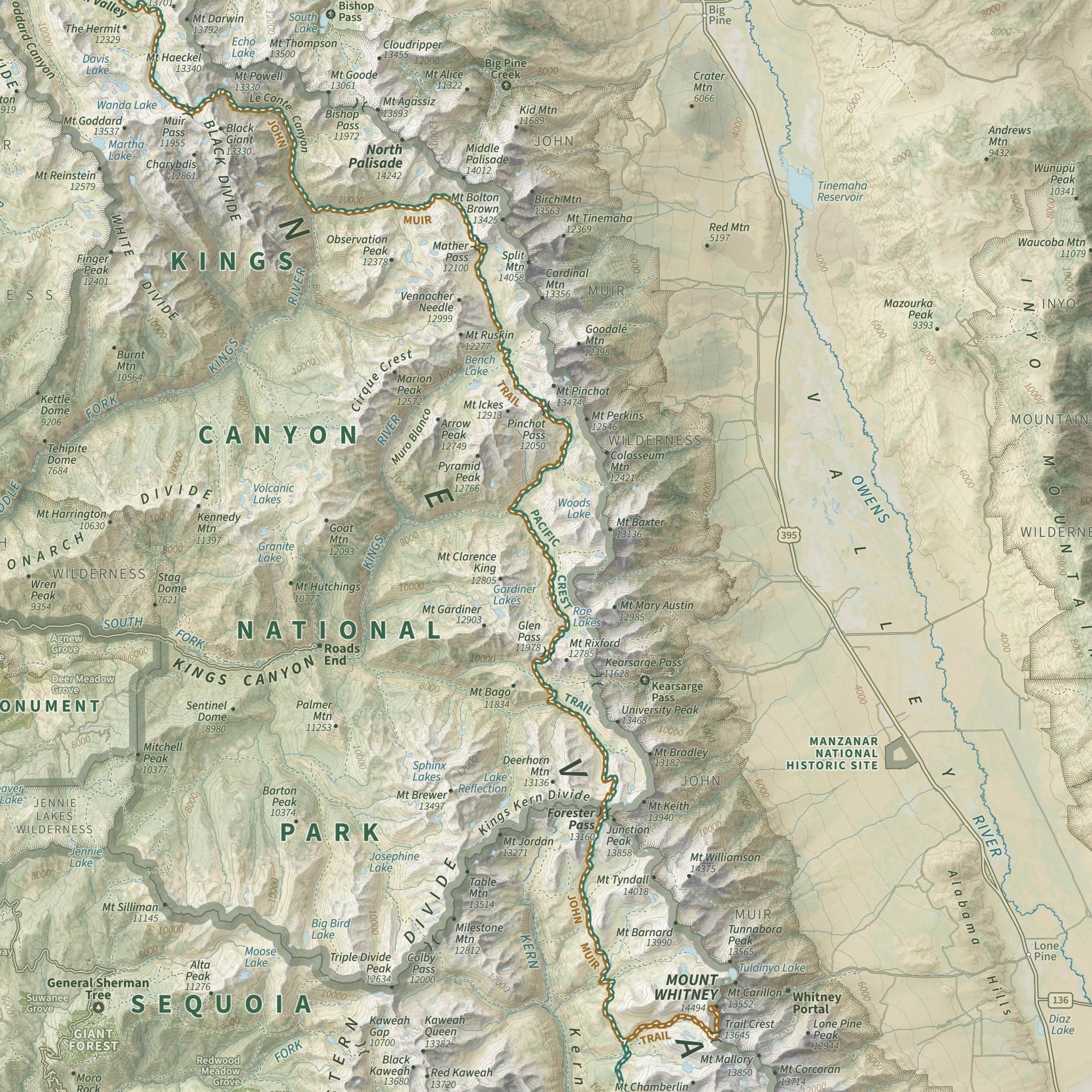 The John Muir Trail Shaded Relief Map - No Frame - North Drinkware
