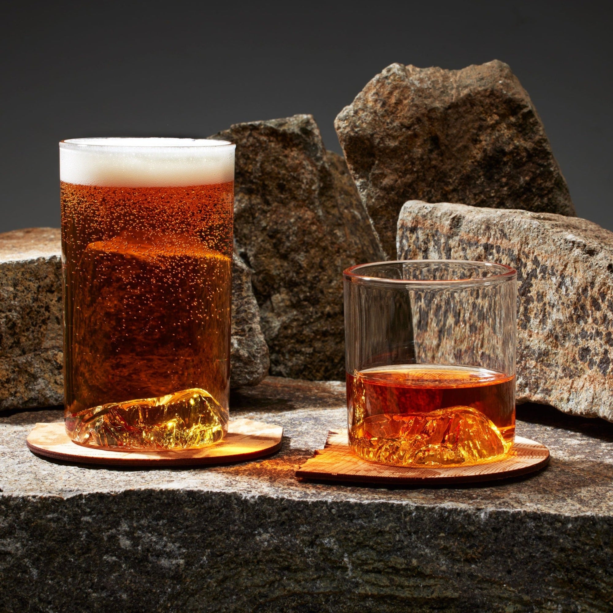 The Mt. Rainier Set  Handblown Mountain Whisky, Beer & Coaster Gift